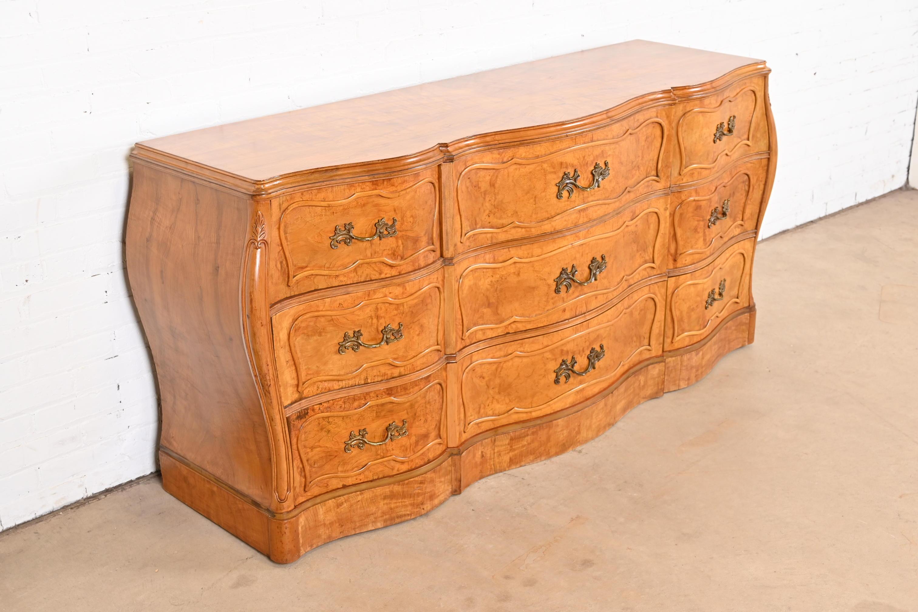 Romweber French Provincial Louis XV Bombay Form Burl Wood Dresser, Circa 1940s For Sale 1