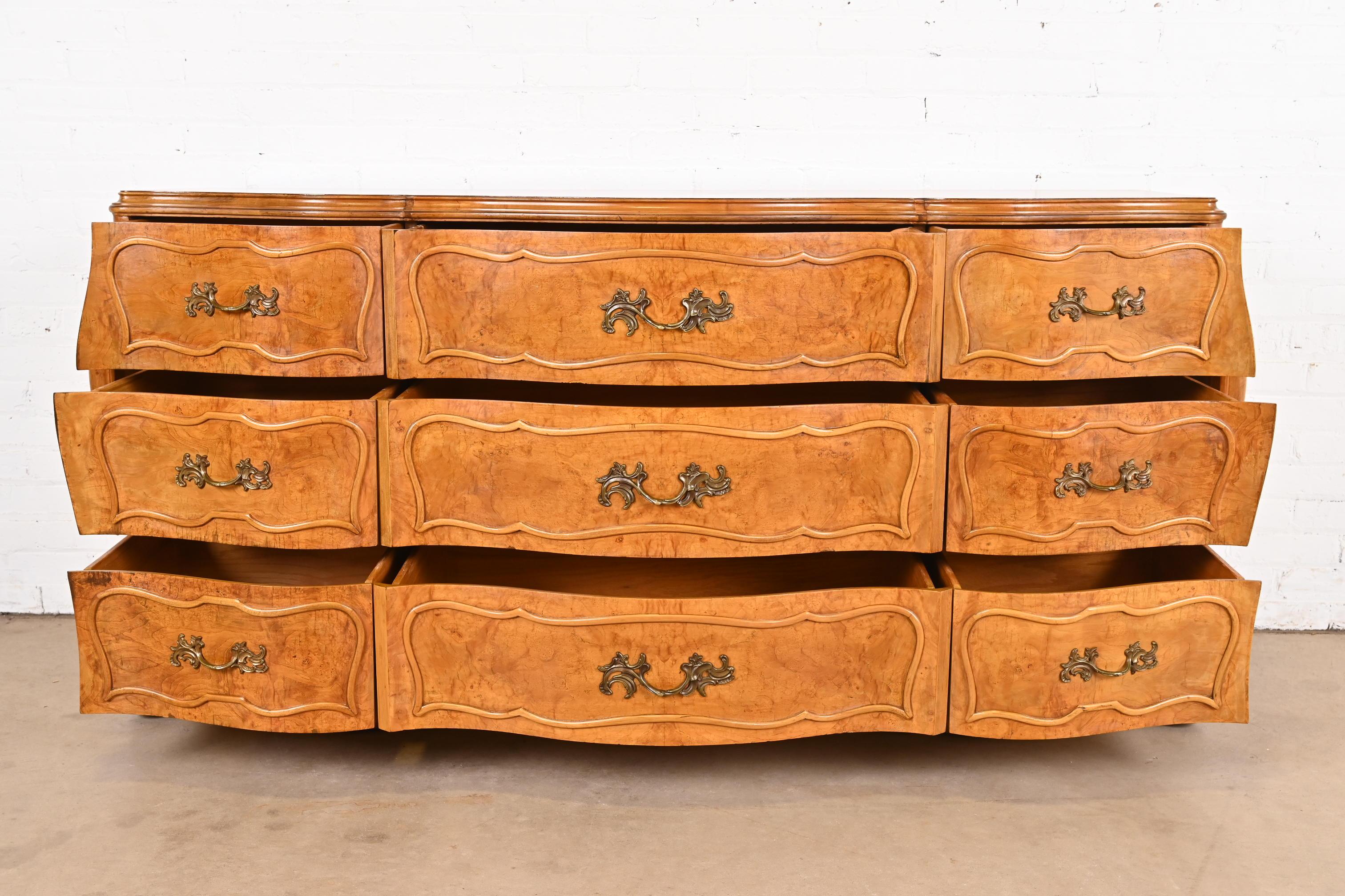 Romweber French Provincial Louis XV Bombay Form Burl Wood Dresser, Circa 1940s For Sale 3