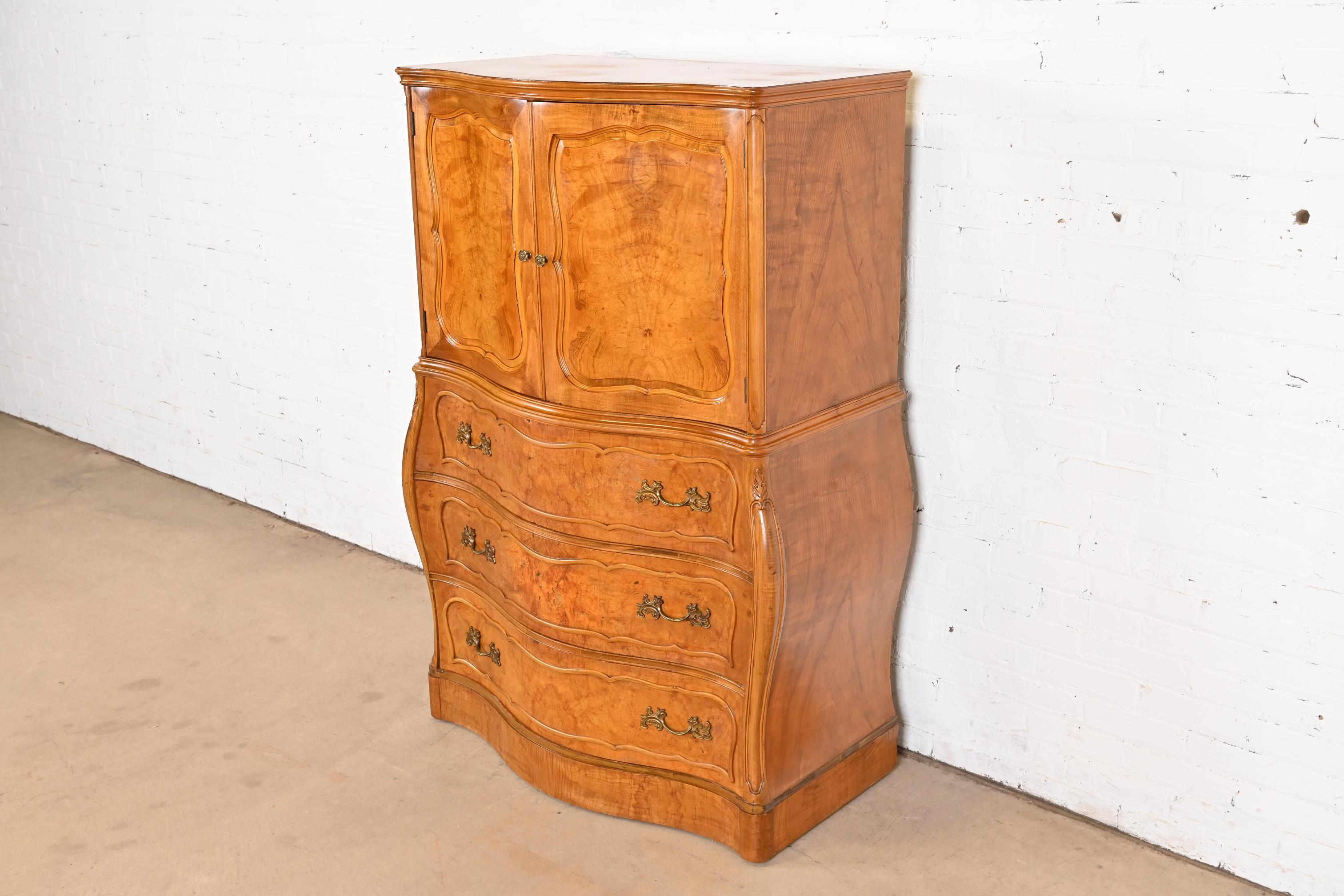American Romweber French Provincial Louis XV Bombay Form Burl Wood Gentleman's Chest For Sale