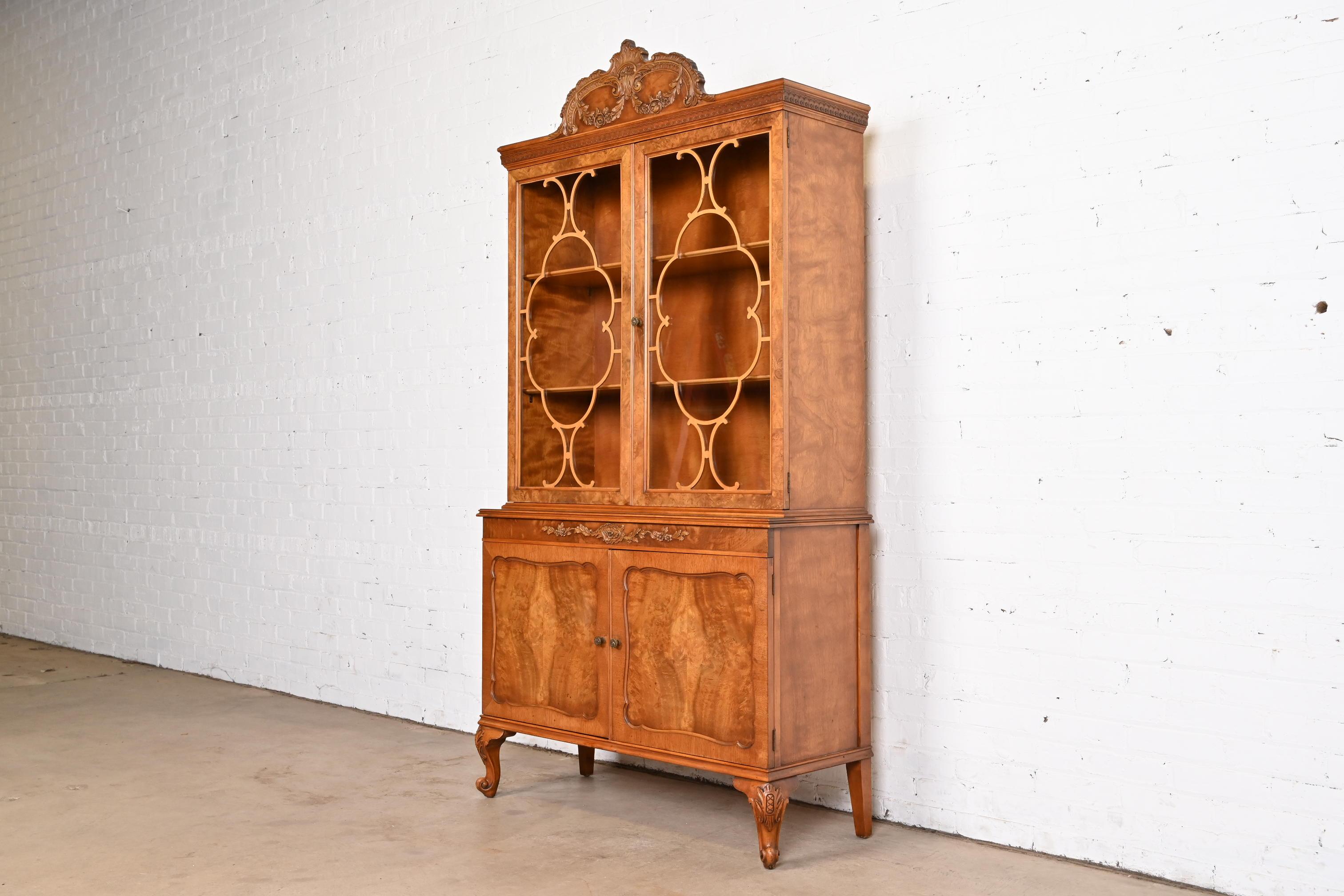 American Romweber French Provincial Louis XV Burl Wood Breakfront Bookcase Cabinet, 1920s For Sale