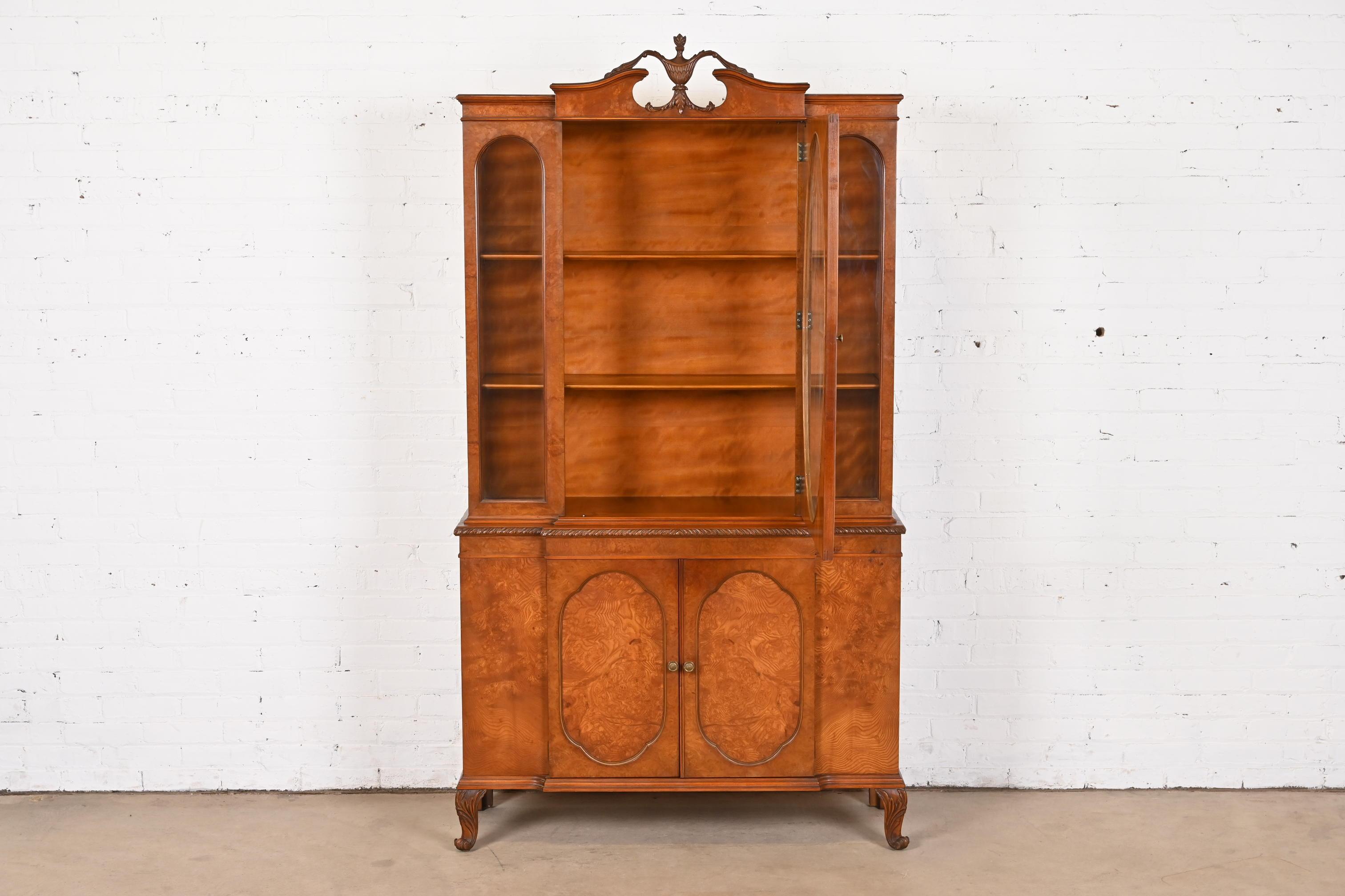 American Romweber French Provincial Louis XV Burl Wood Breakfront Bookcase Cabinet, 1920s For Sale