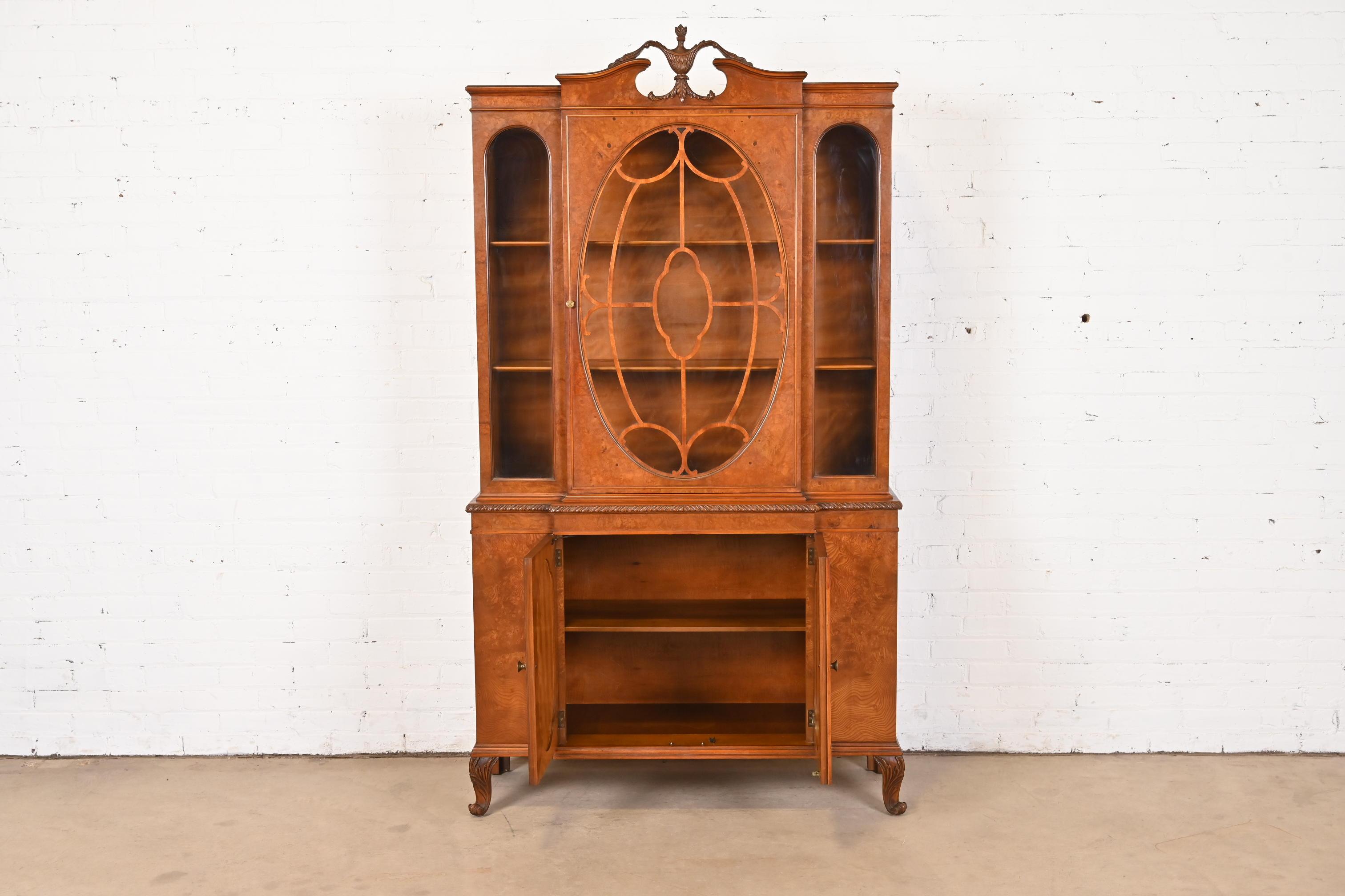 Early 20th Century Romweber French Provincial Louis XV Burl Wood Breakfront Bookcase Cabinet, 1920s For Sale