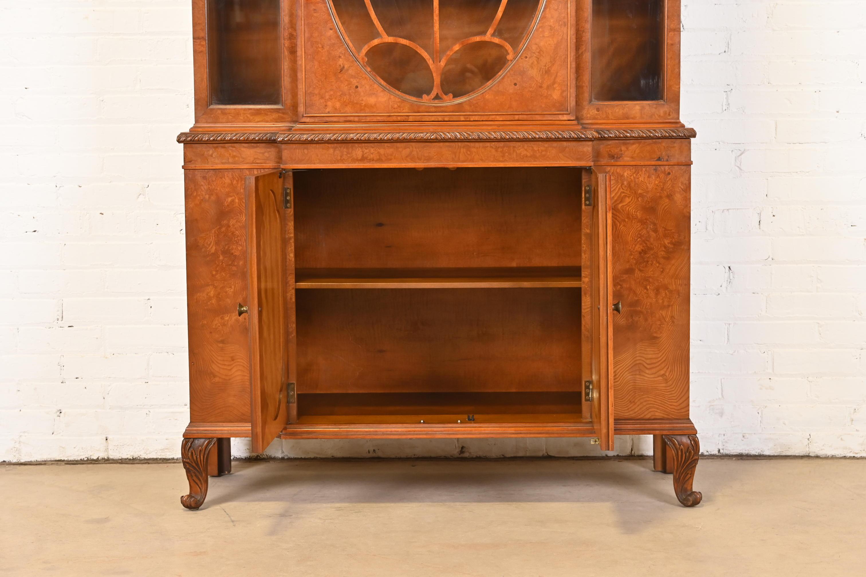Brass Romweber French Provincial Louis XV Burl Wood Breakfront Bookcase Cabinet, 1920s For Sale