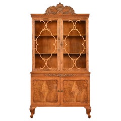 Romweber French Provincial Louis XV Burl Wood Breakfront Bookcase Cabinet, 1920s