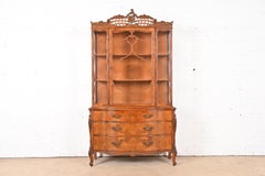 Romweber French Provincial Louis XV Burl Wood Breakfront Bookcase Cabinet, 1940s