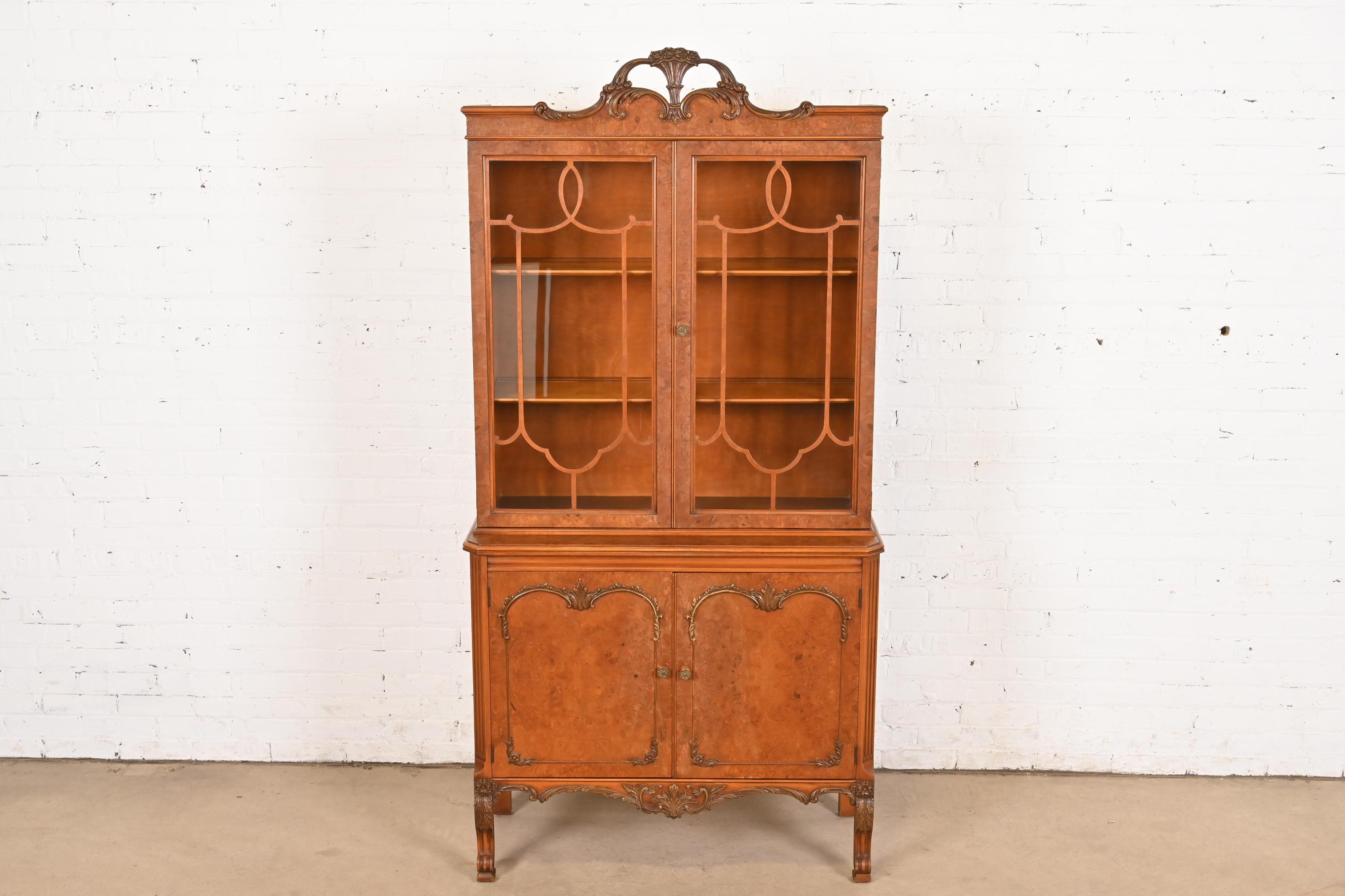 American Romweber French Provincial Louis XV Burl Wood Breakfront Bookcase Cabinet For Sale