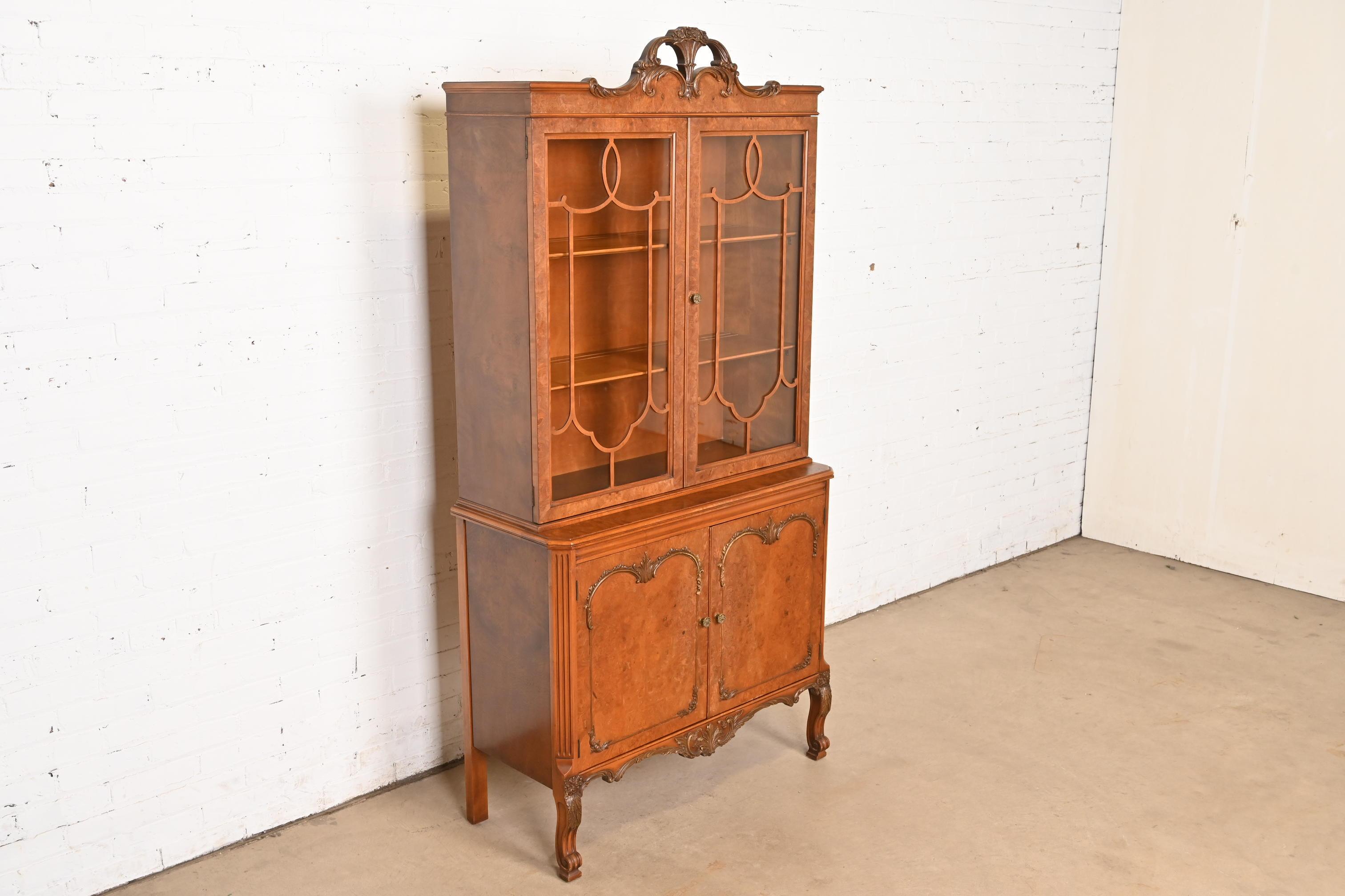 Early 20th Century Romweber French Provincial Louis XV Burl Wood Breakfront Bookcase Cabinet For Sale