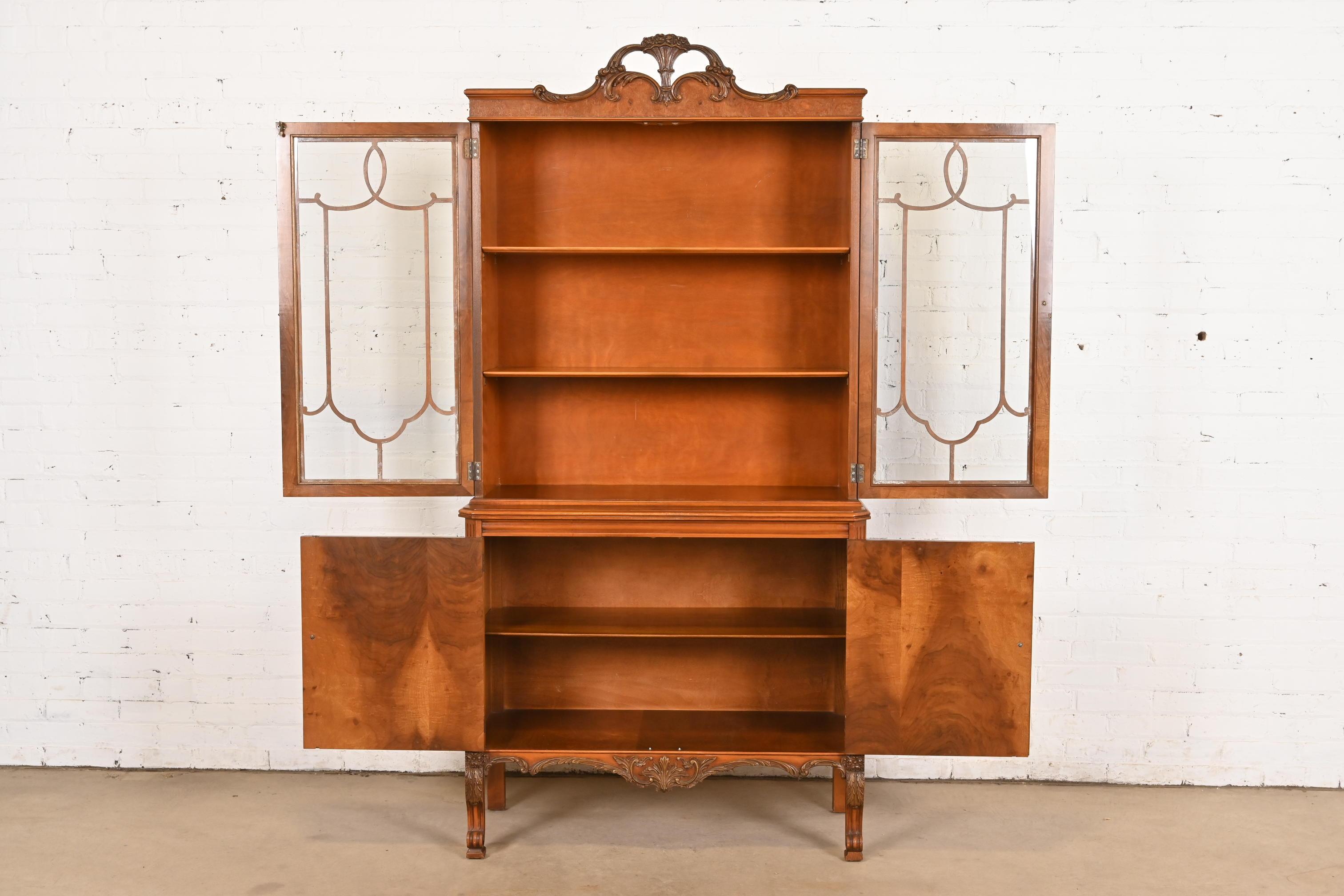 Brass Romweber French Provincial Louis XV Burl Wood Breakfront Bookcase Cabinet For Sale