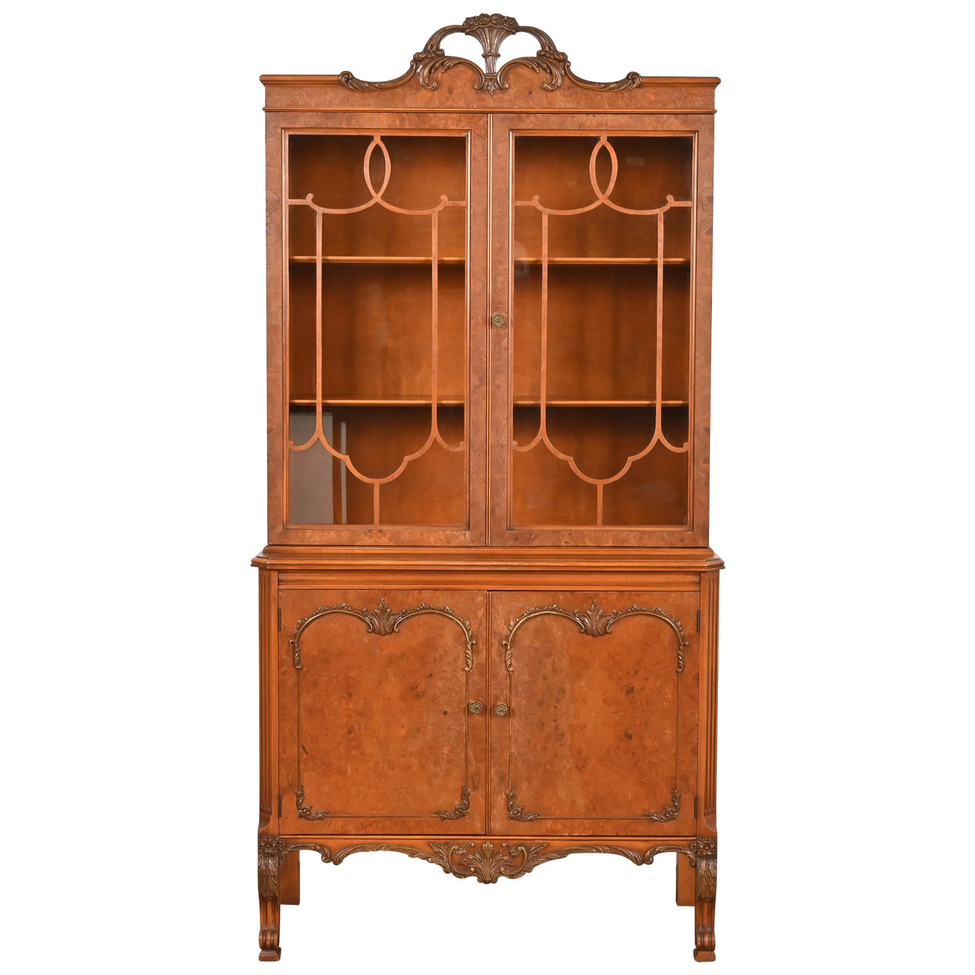 Romweber French Provincial Louis XV Burl Wood Breakfront Bookcase Cabinet