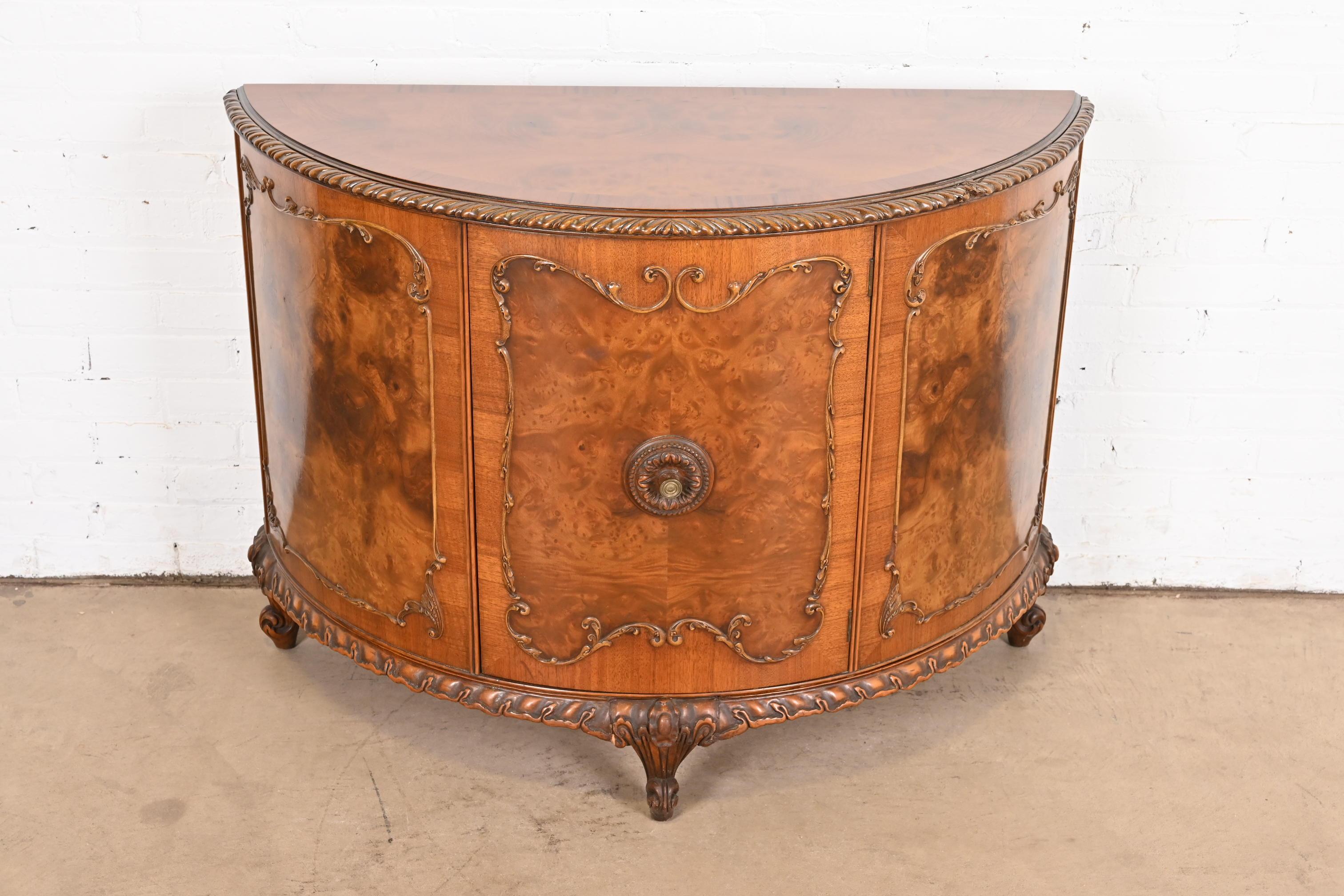 American Romweber French Provincial Louis XV Burl Wood Demilune Bar Cabinet, Circa 1920s