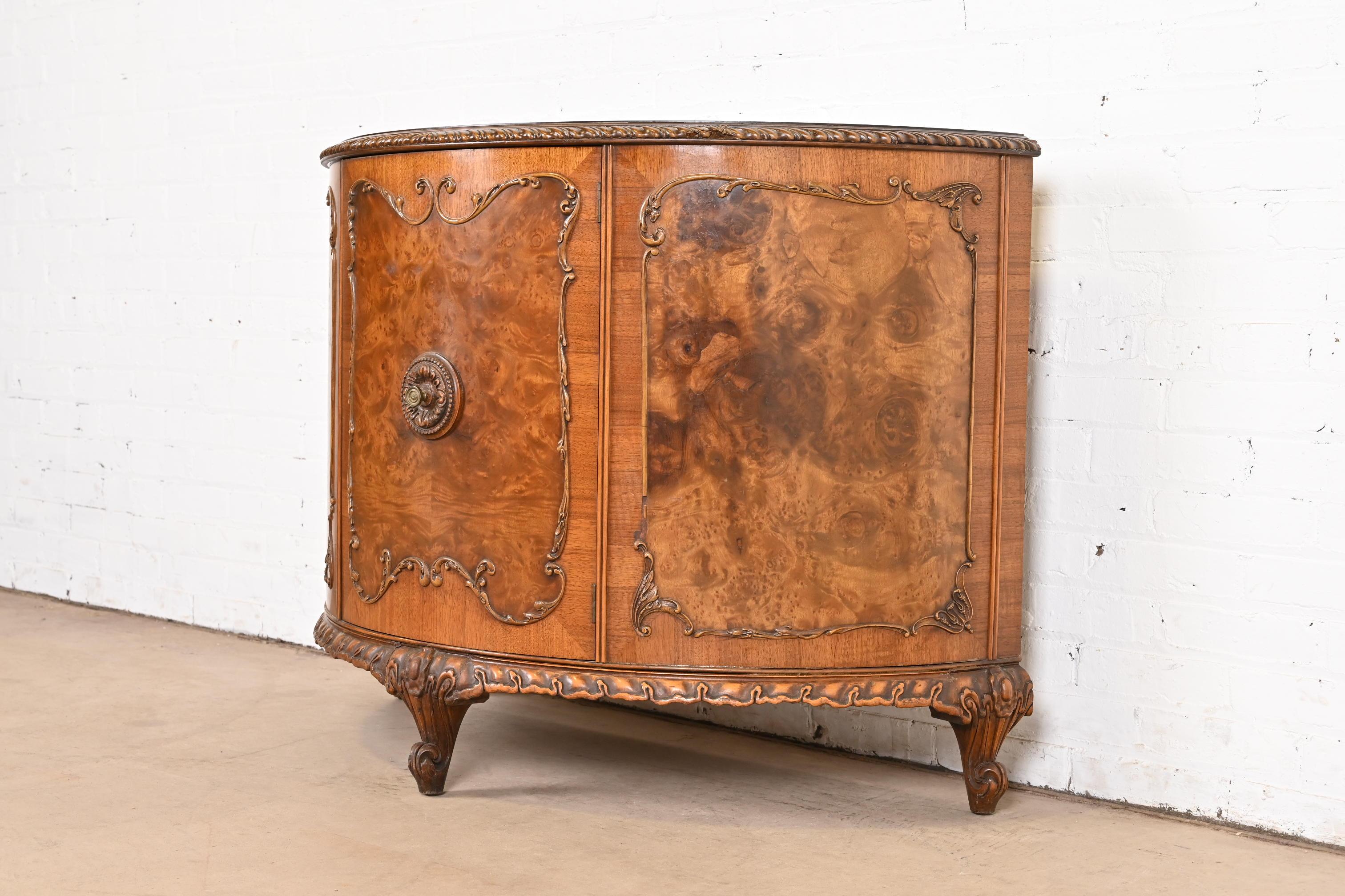 Early 20th Century Romweber French Provincial Louis XV Burl Wood Demilune Bar Cabinet, Circa 1920s