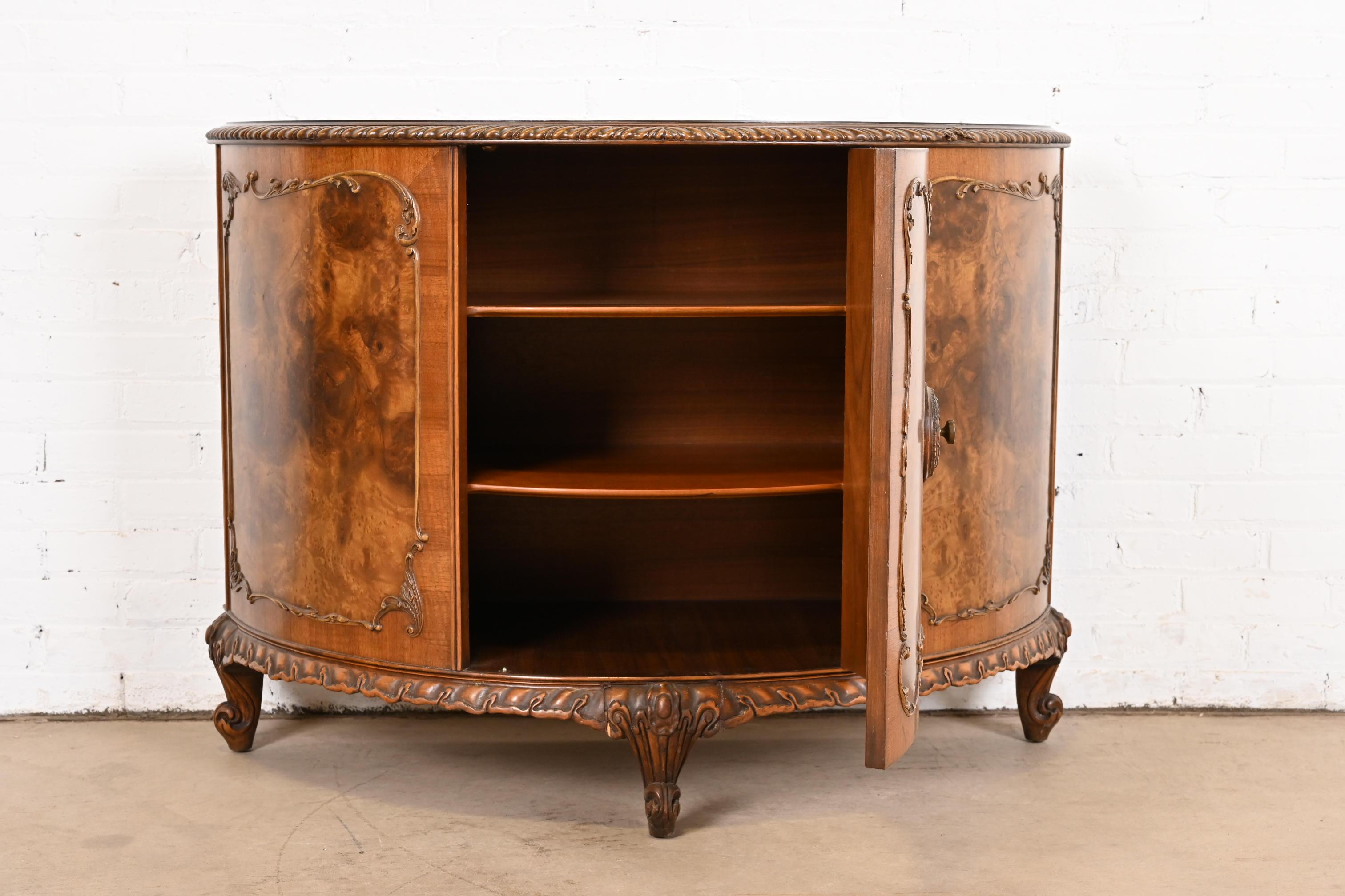 Romweber French Provincial Louis XV Burl Wood Demilune Bar Cabinet, Circa 1920s 3