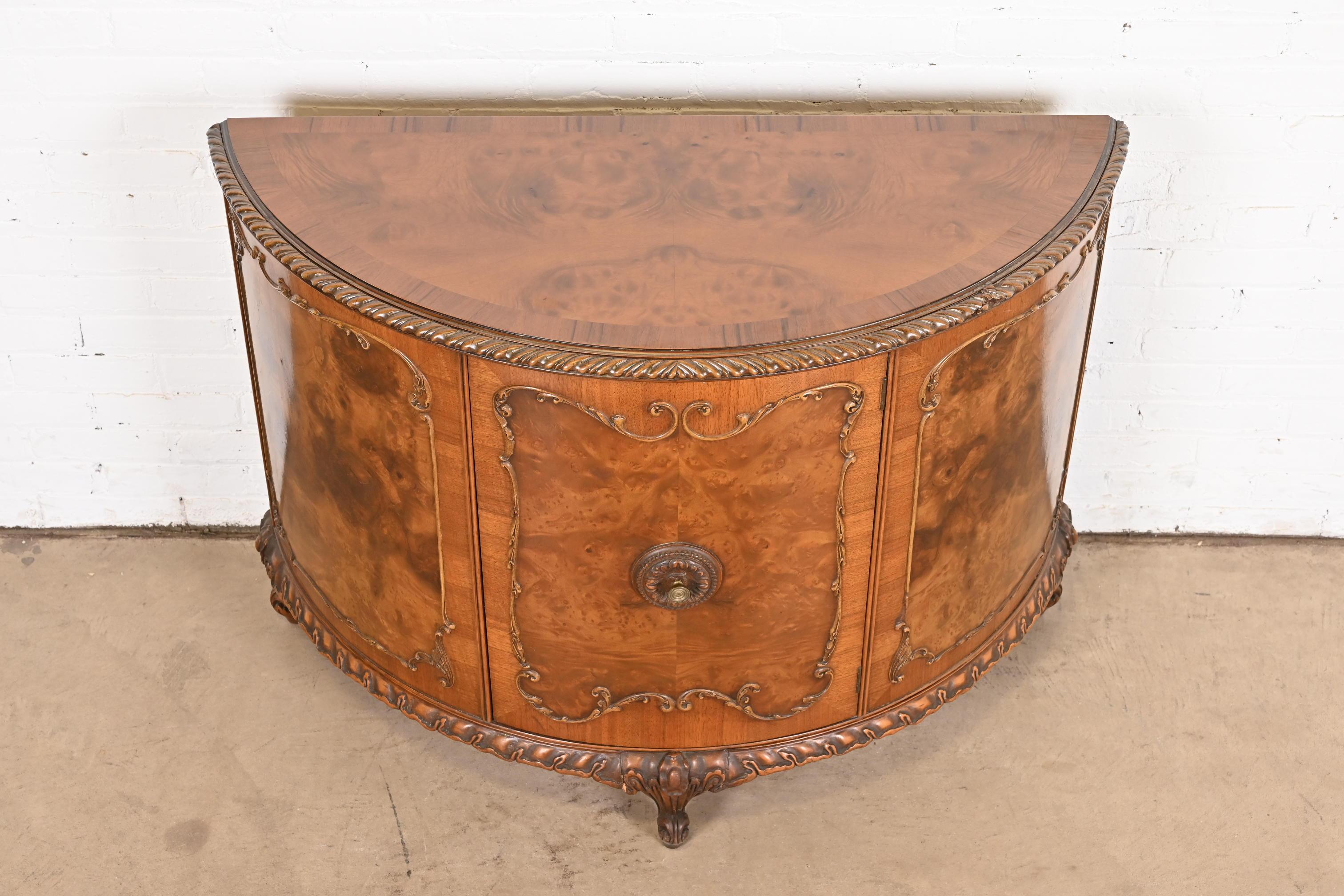 Romweber French Provincial Louis XV Burl Wood Demilune Bar Cabinet, Circa 1920s 4