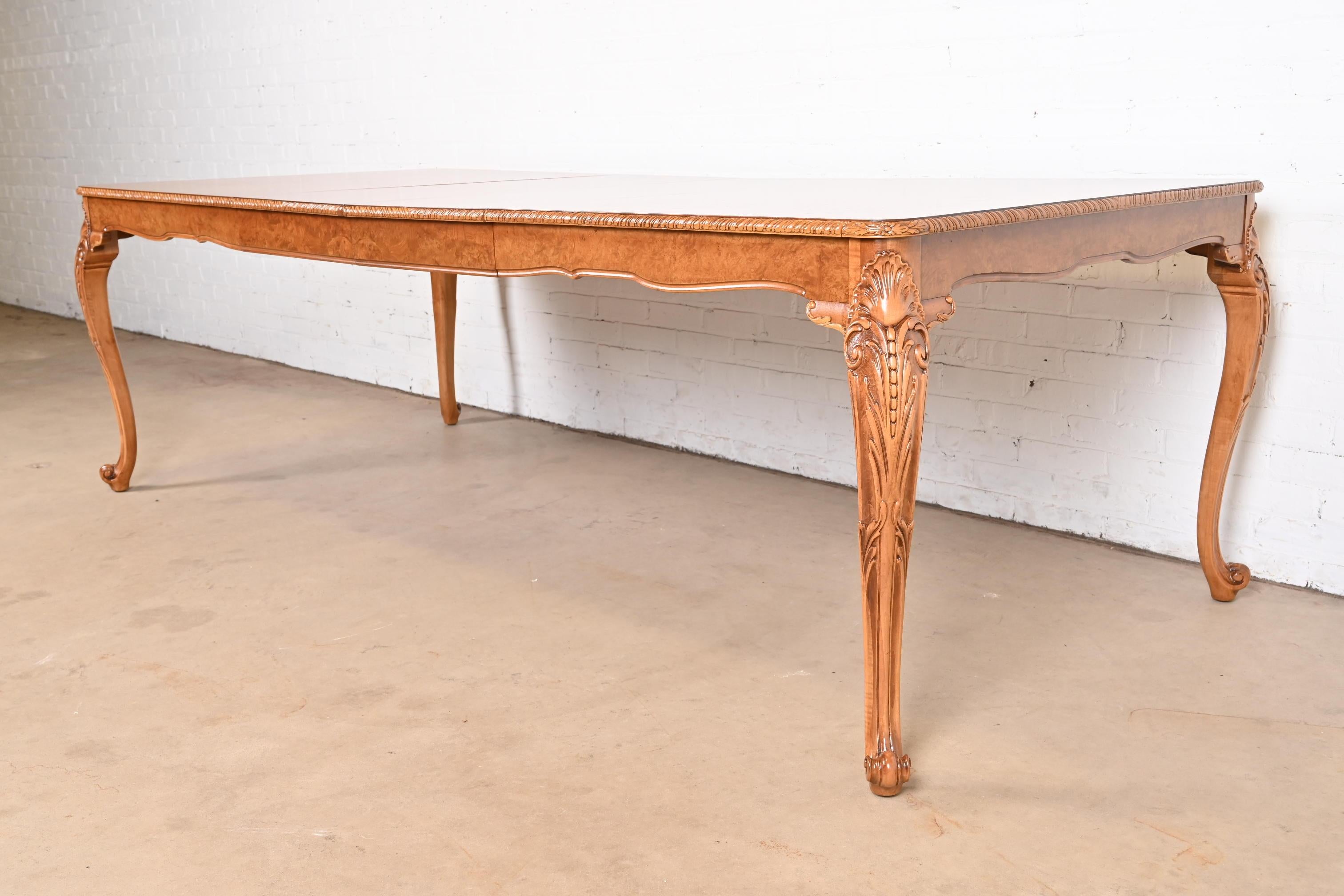 American Romweber French Provincial Louis XV Burl Wood Dining Table, Newly Refinished For Sale