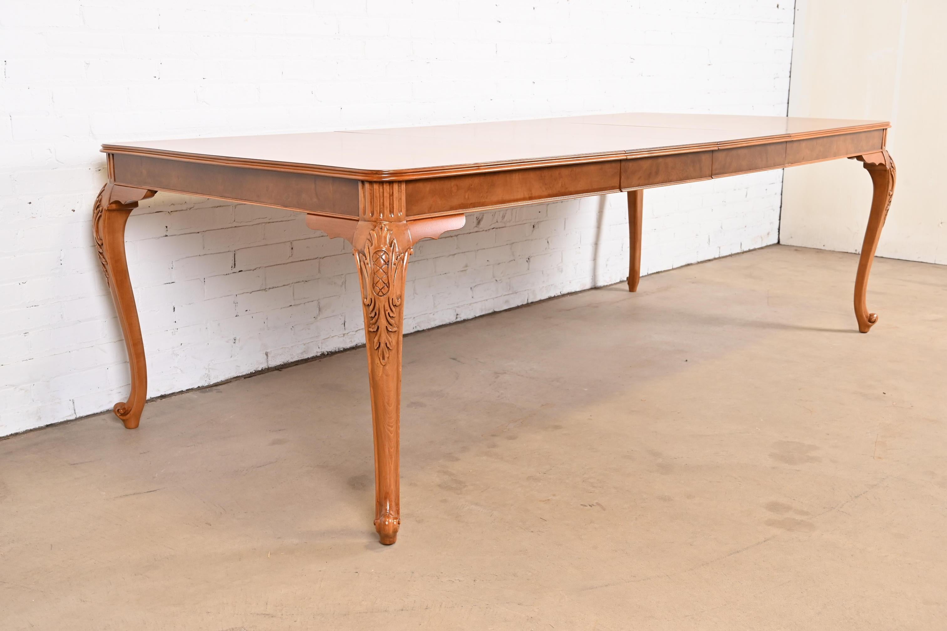 Early 20th Century Romweber French Provincial Louis XV Burl Wood Dining Table, Newly Refinished For Sale
