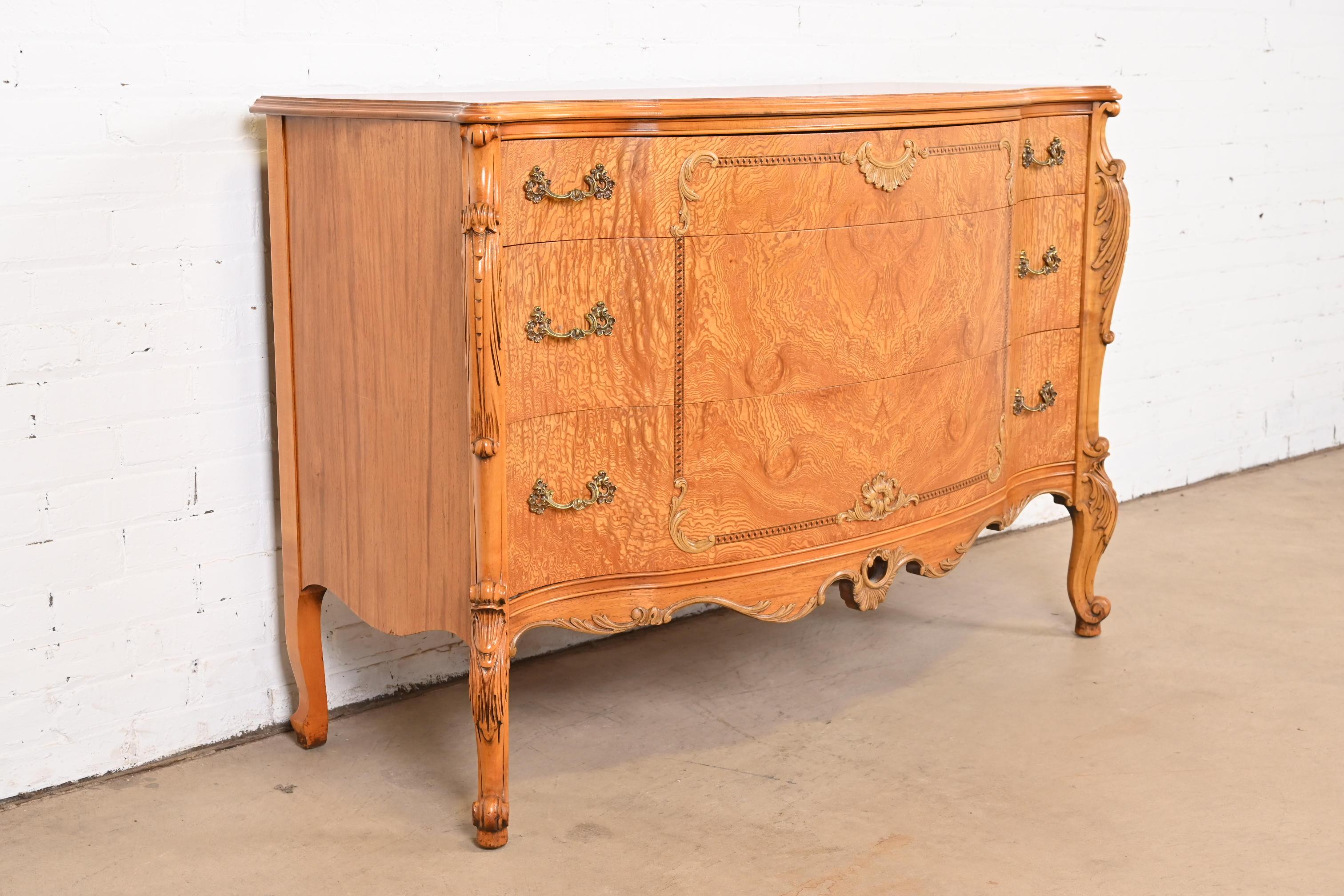Brass Romweber French Provincial Louis XV Burl Wood Dresser, Circa 1920s For Sale