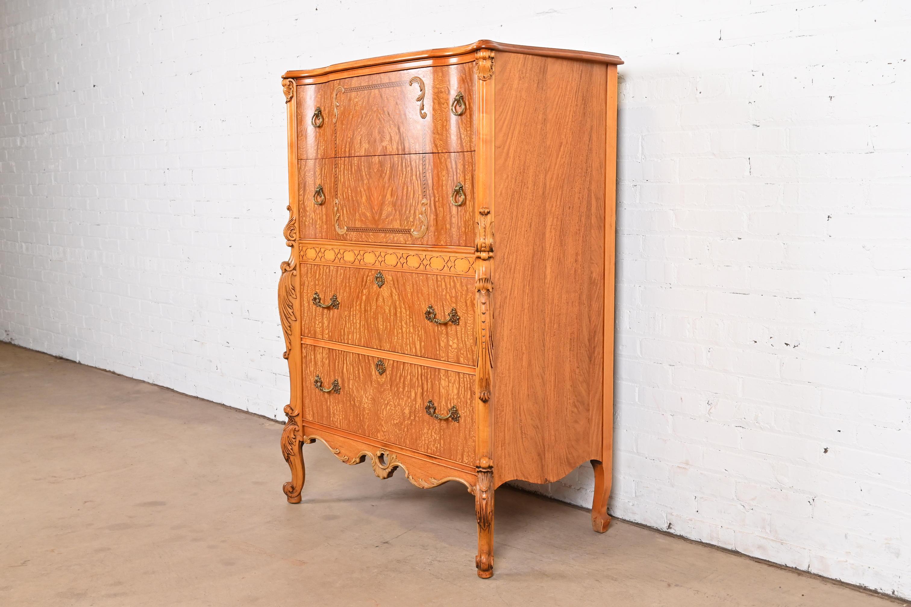 American Romweber French Provincial Louis XV Burl Wood Highboy Dresser, Circa 1920s For Sale