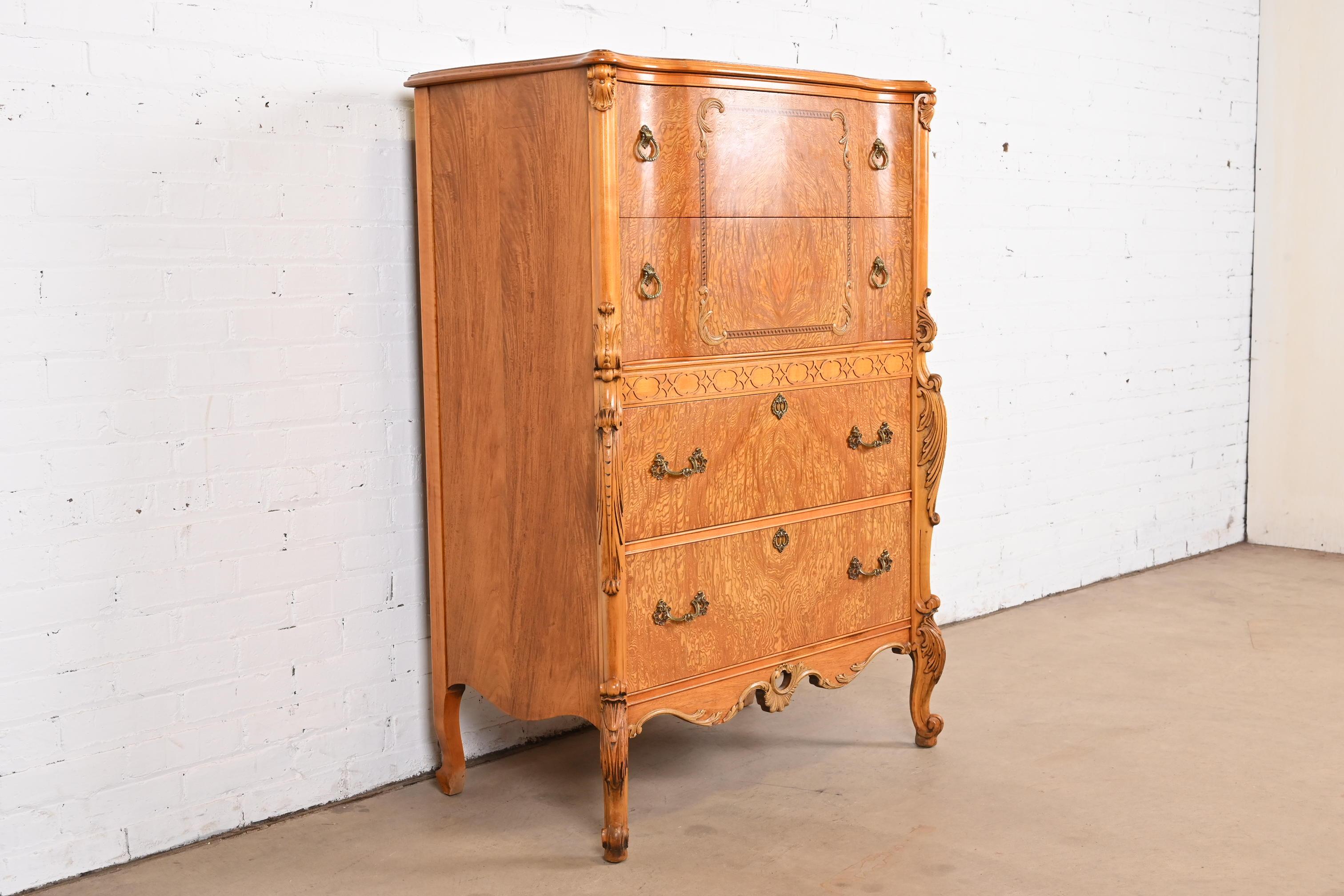 Romweber French Provincial Louis XV Burl Wood Highboy Dresser, Circa 1920s In Good Condition In South Bend, IN