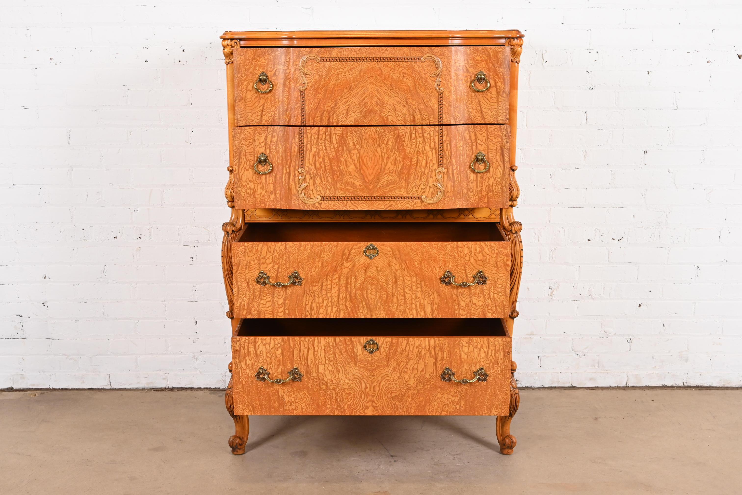 Early 20th Century Romweber French Provincial Louis XV Burl Wood Highboy Dresser, Circa 1920s For Sale