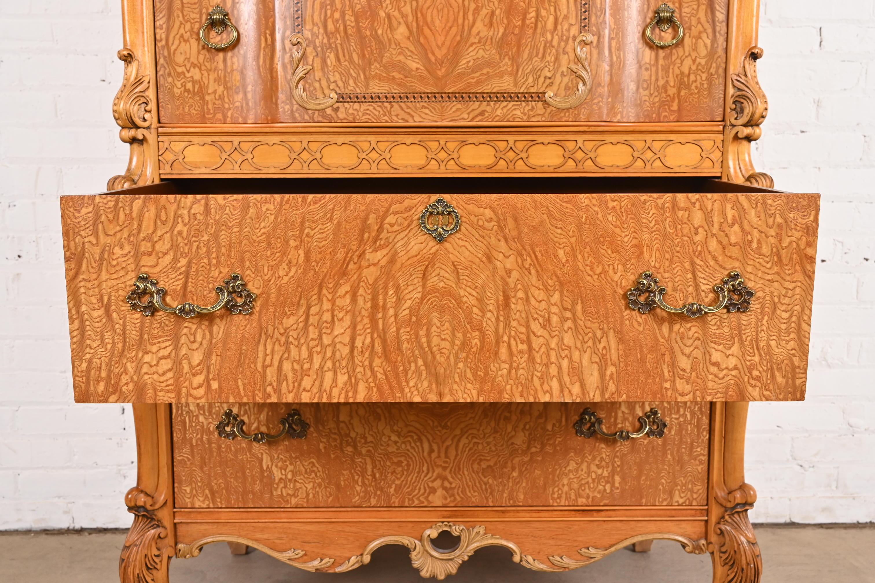 Romweber French Provincial Louis XV Burl Wood Highboy Dresser, Circa 1920s For Sale 1