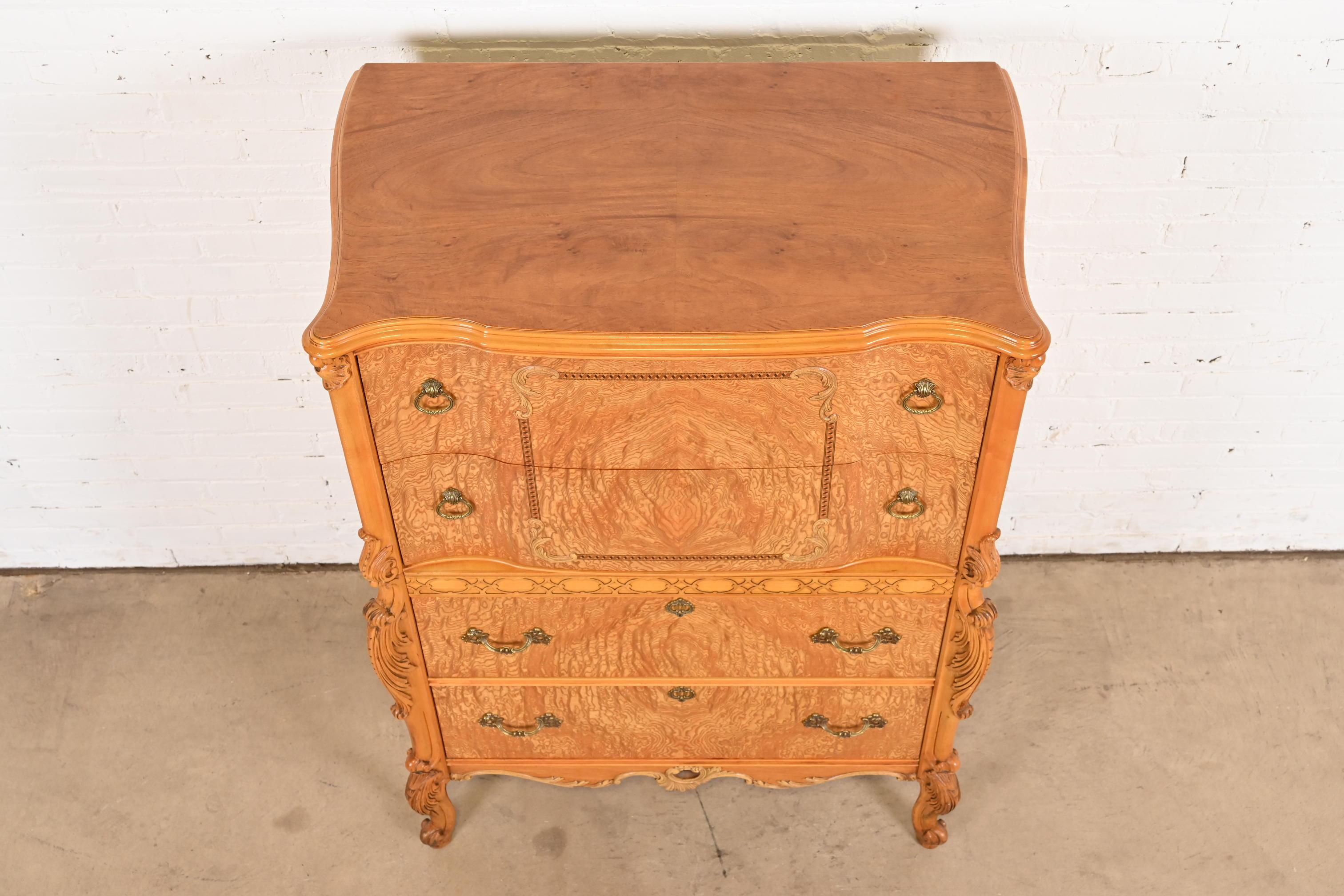 Romweber French Provincial Louis XV Burl Wood Highboy Dresser, Circa 1920s For Sale 3