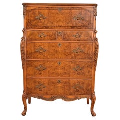 Antique Romweber French Provincial Louis XV Burl Wood Highboy Dresser, Circa 1920s