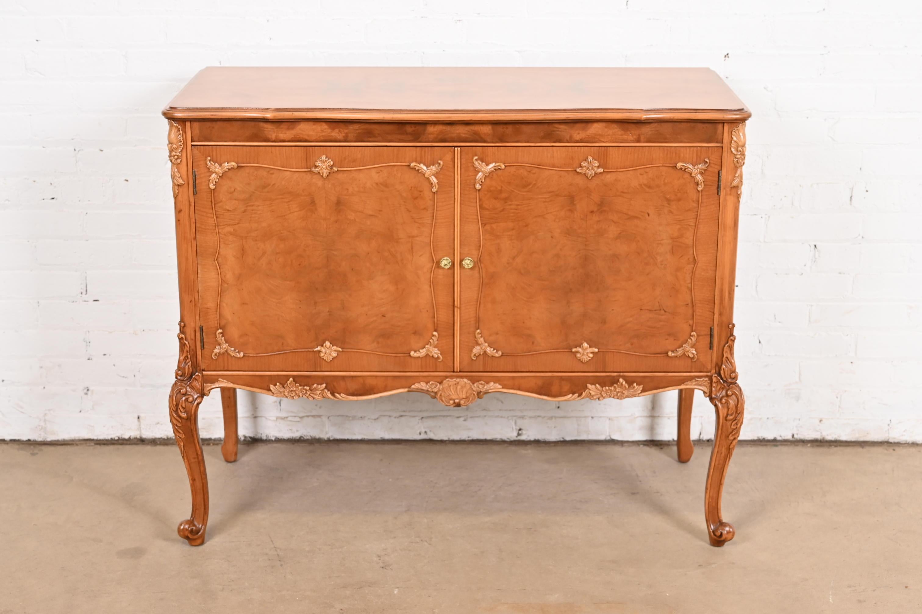 American Romweber French Provincial Louis XV Burl Wood Server or Bar Cabinet, Refinished For Sale