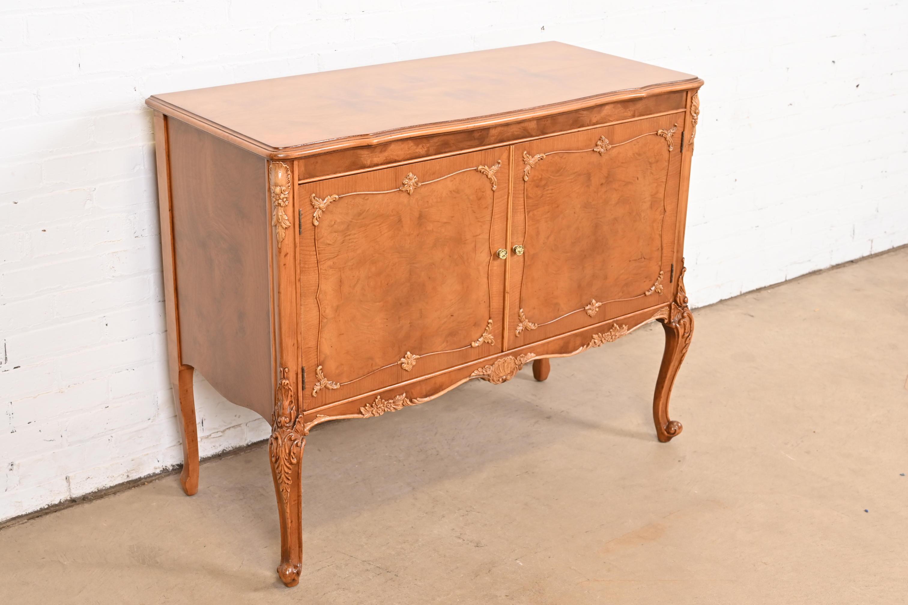 Early 20th Century Romweber French Provincial Louis XV Burl Wood Server or Bar Cabinet, Refinished For Sale