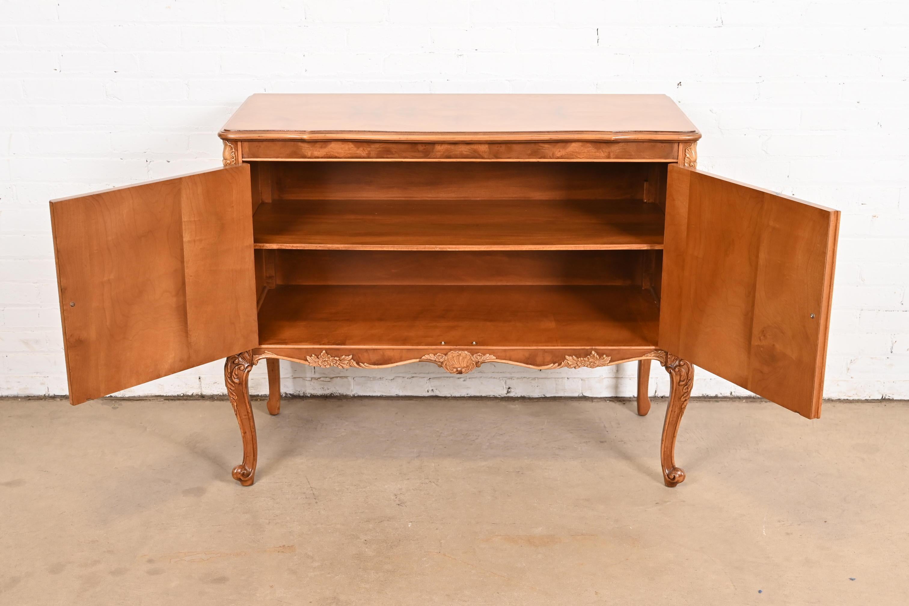 Brass Romweber French Provincial Louis XV Burl Wood Server or Bar Cabinet, Refinished For Sale