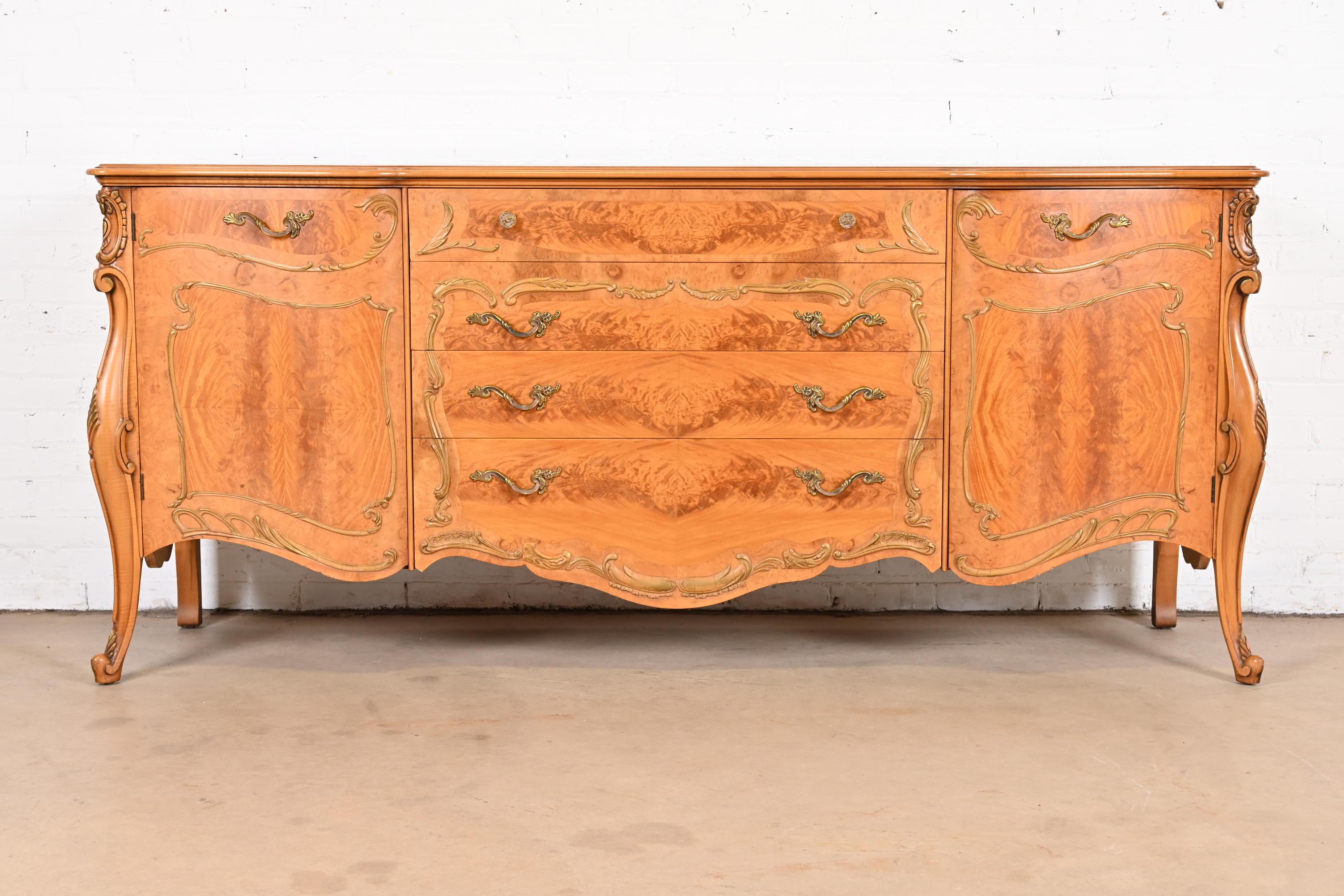 Romweber French Provincial Louis XV Burl Wood Sideboard Credenza, circa 1940s In Good Condition In South Bend, IN
