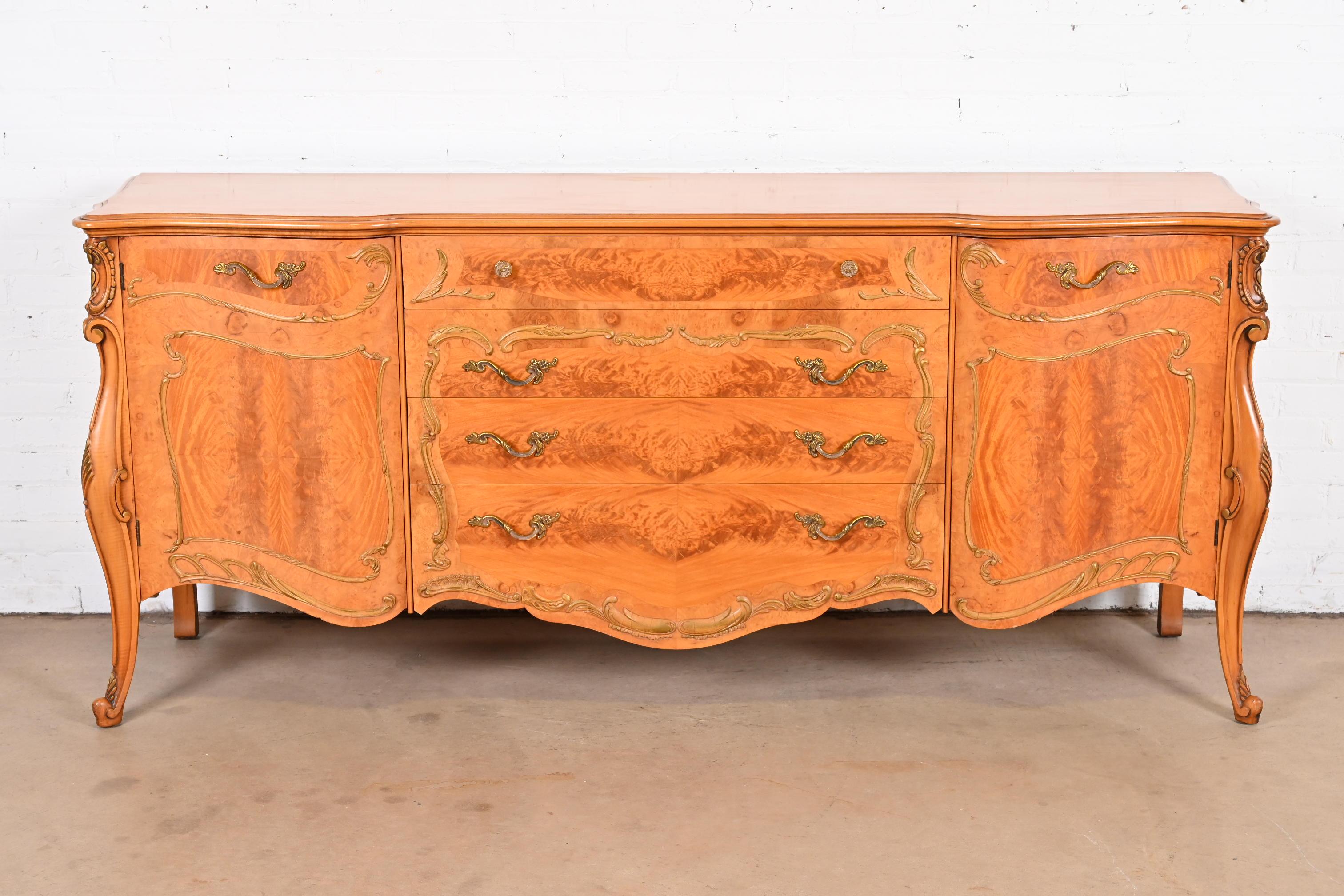 20th Century Romweber French Provincial Louis XV Burl Wood Sideboard Credenza, circa 1940s