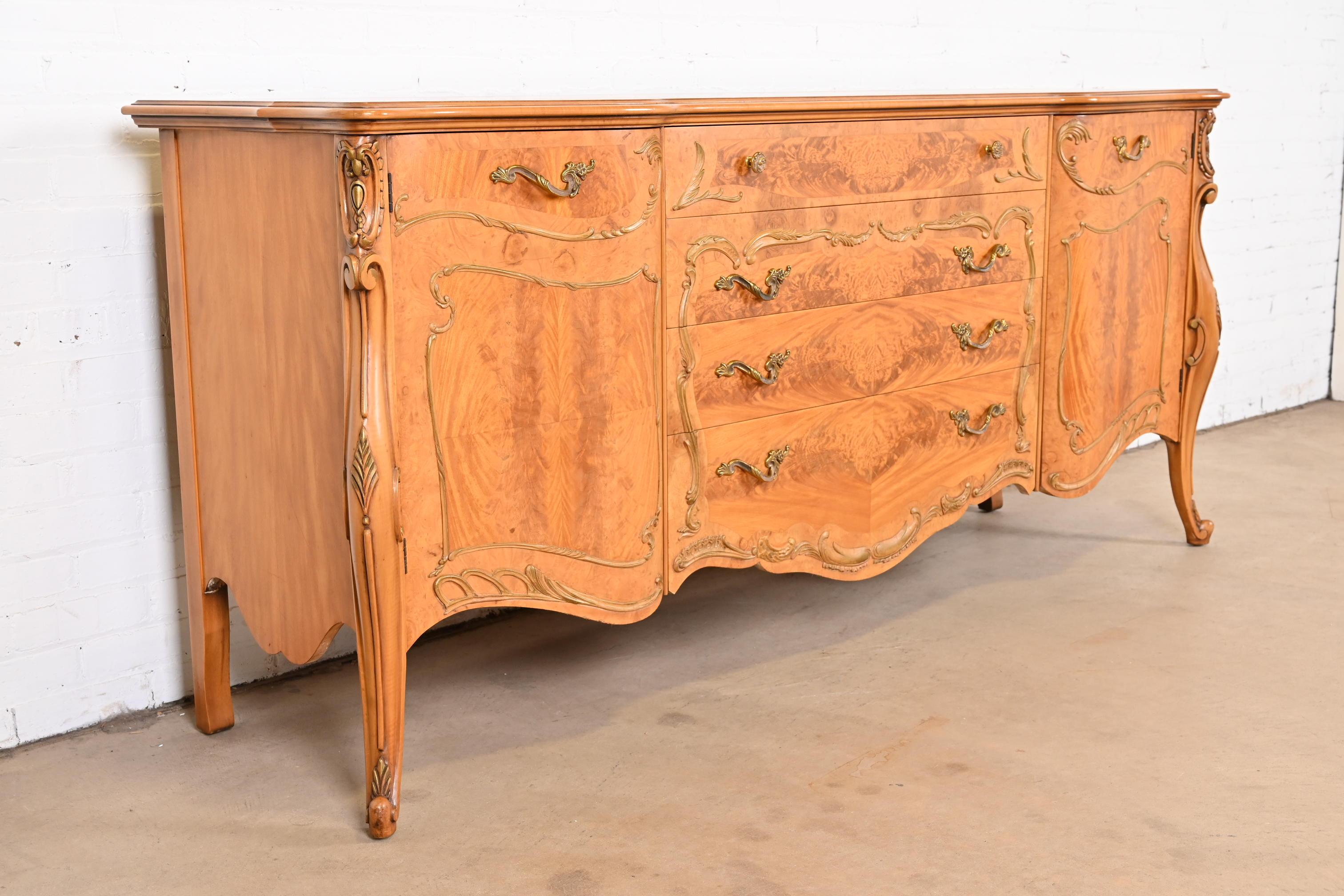 Brass Romweber French Provincial Louis XV Burl Wood Sideboard Credenza, circa 1940s