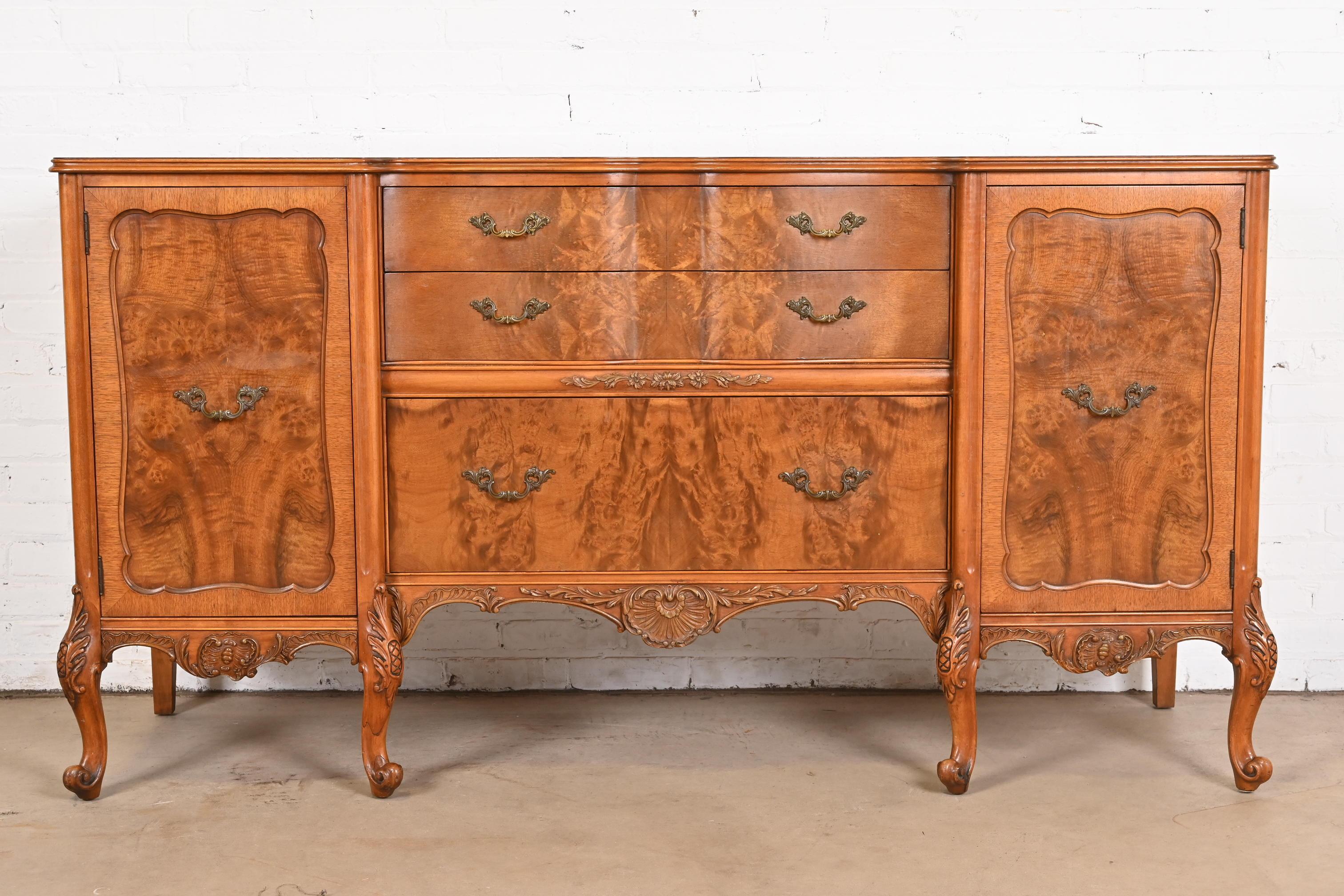 American Romweber French Provincial Louis XV Burl Wood Sideboard or Bar Cabinet, 1920s For Sale