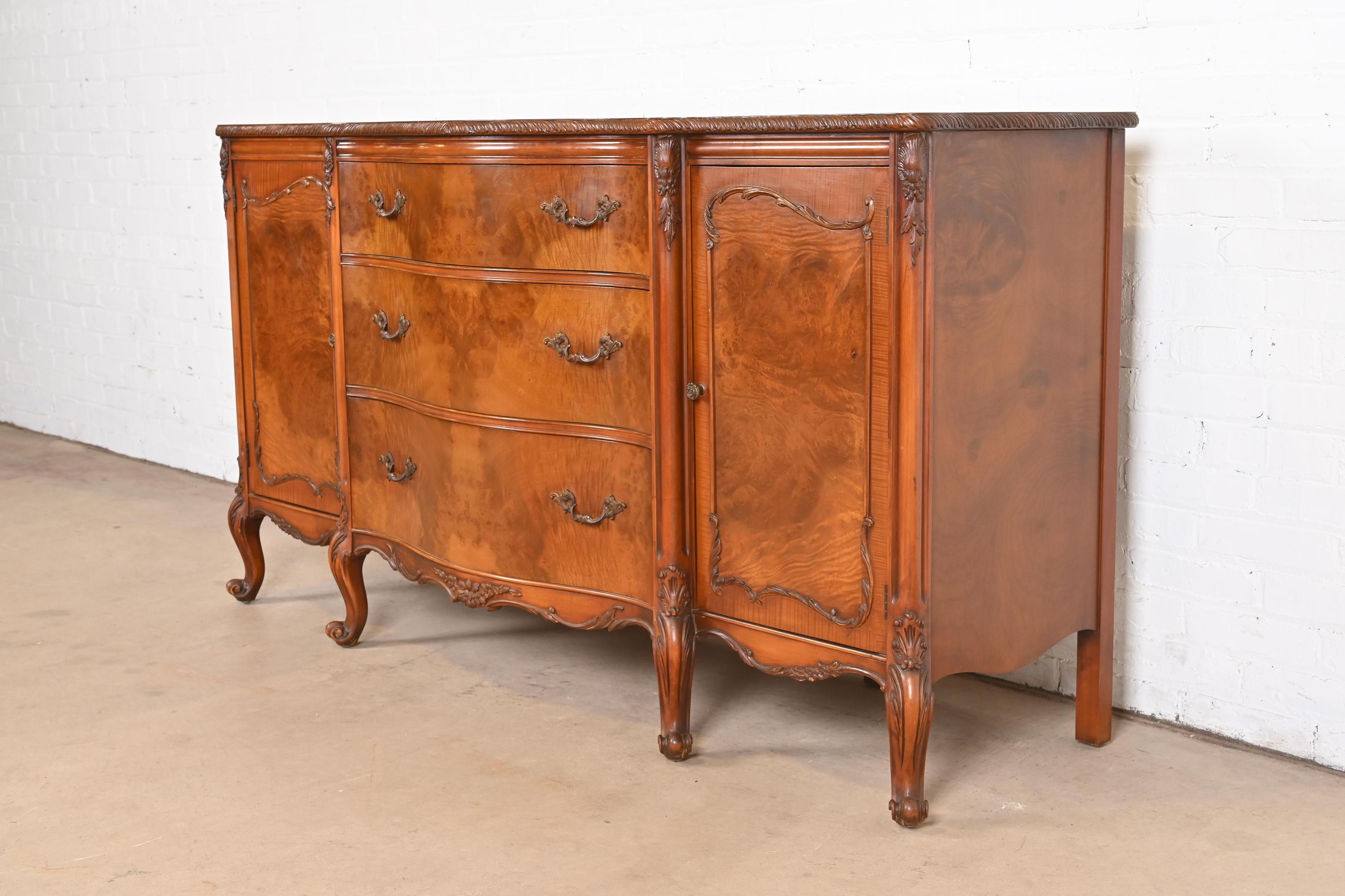 American Romweber French Provincial Louis XV Burl Wood Sideboard or Bar Cabinet, 1920s For Sale
