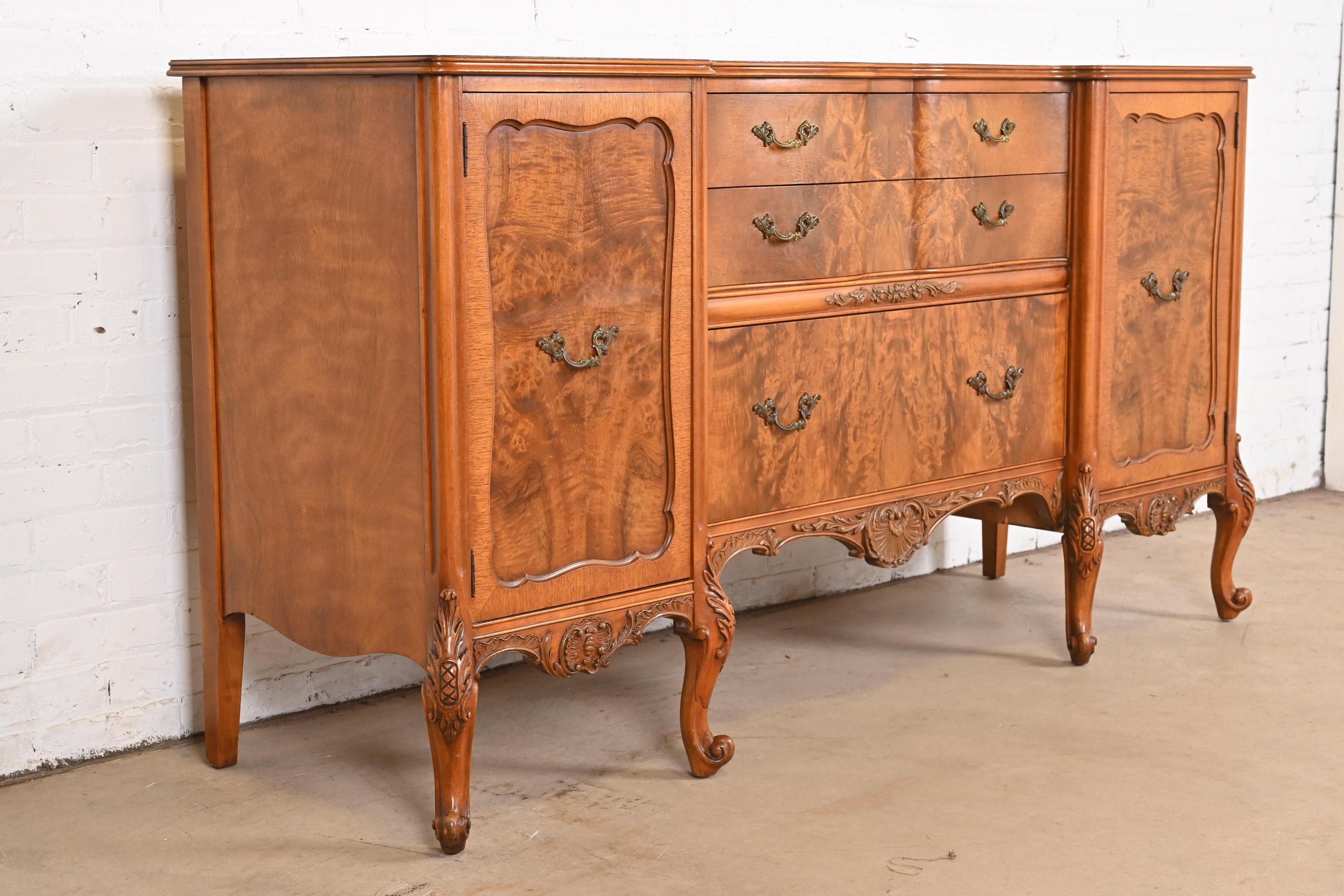 Brass Romweber French Provincial Louis XV Burl Wood Sideboard or Bar Cabinet, 1920s For Sale