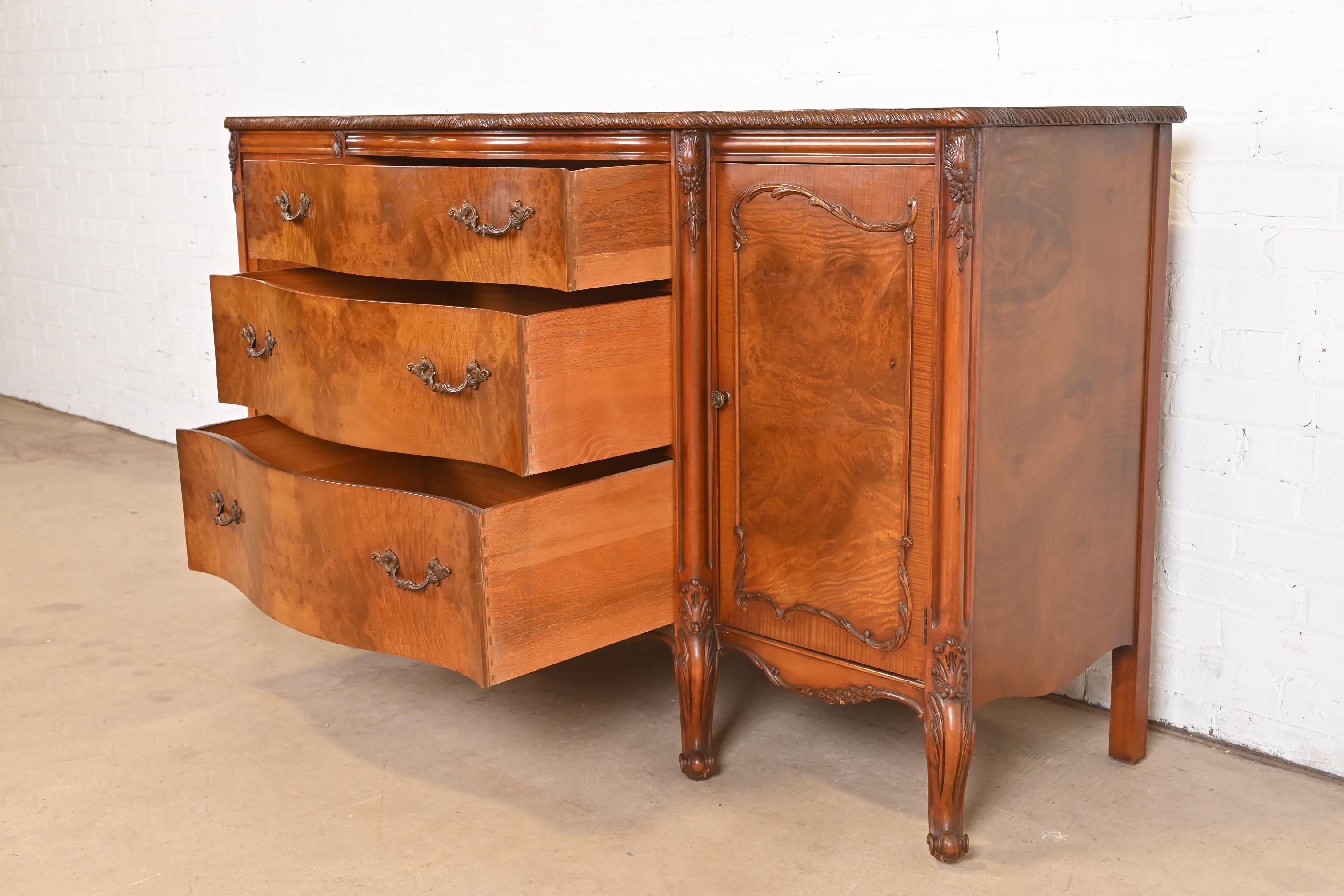 Brass Romweber French Provincial Louis XV Burl Wood Sideboard or Bar Cabinet, 1920s For Sale