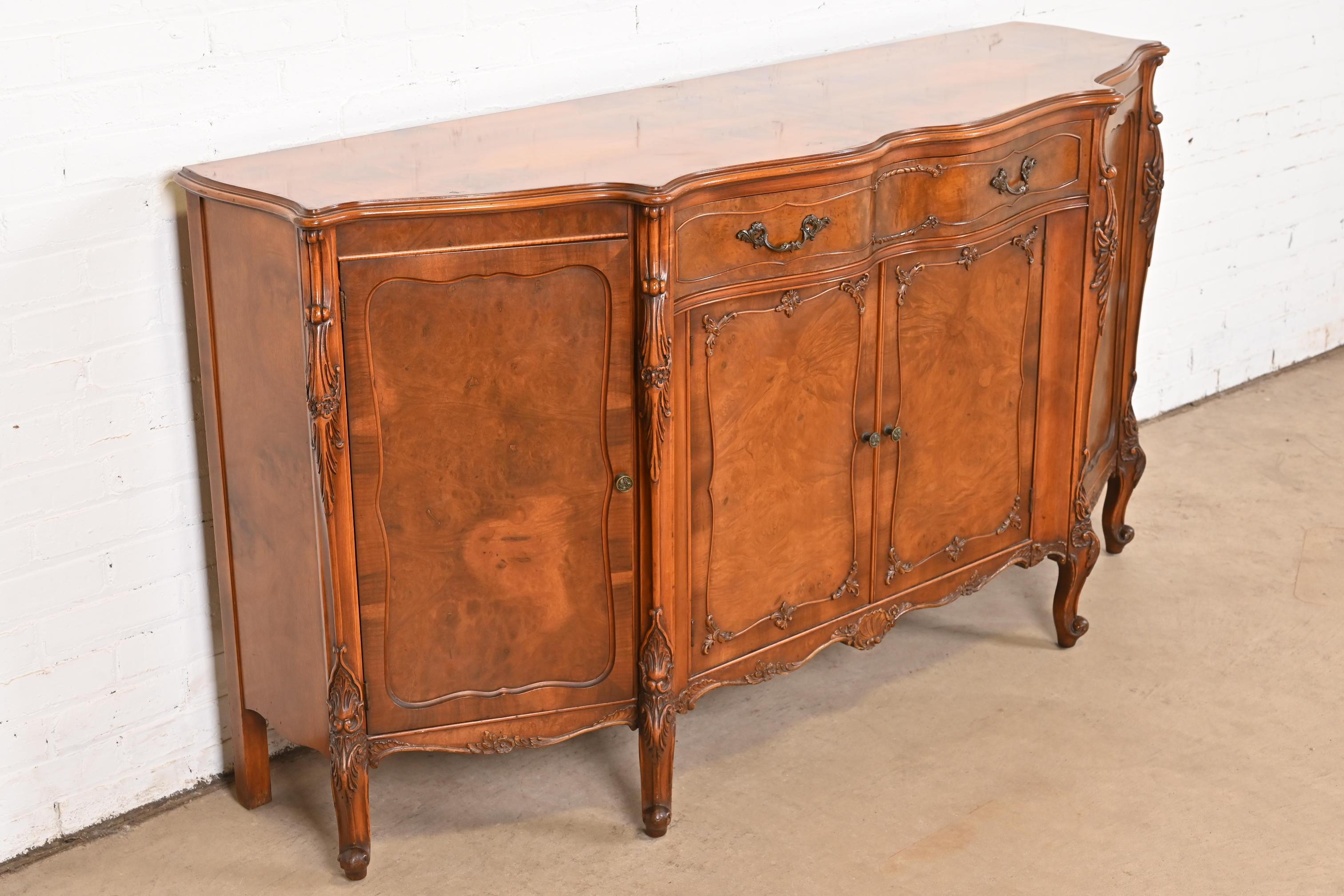 Brass Romweber French Provincial Louis XV Burl Wood Sideboard or Bar Cabinet, 1920s