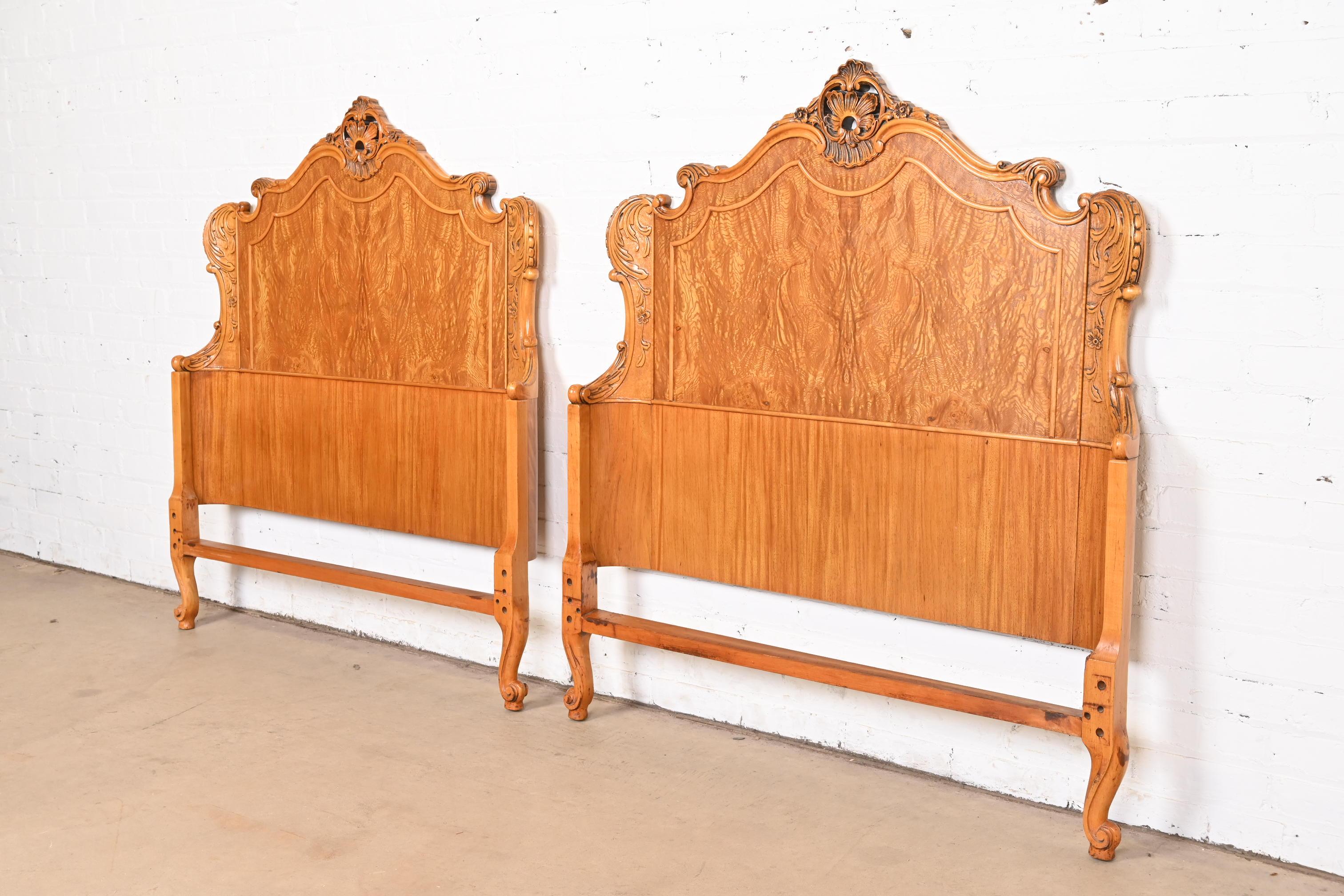 Romweber French Provincial Louis XV Burl Wood Twin Headboards, Circa 1920s In Good Condition In South Bend, IN