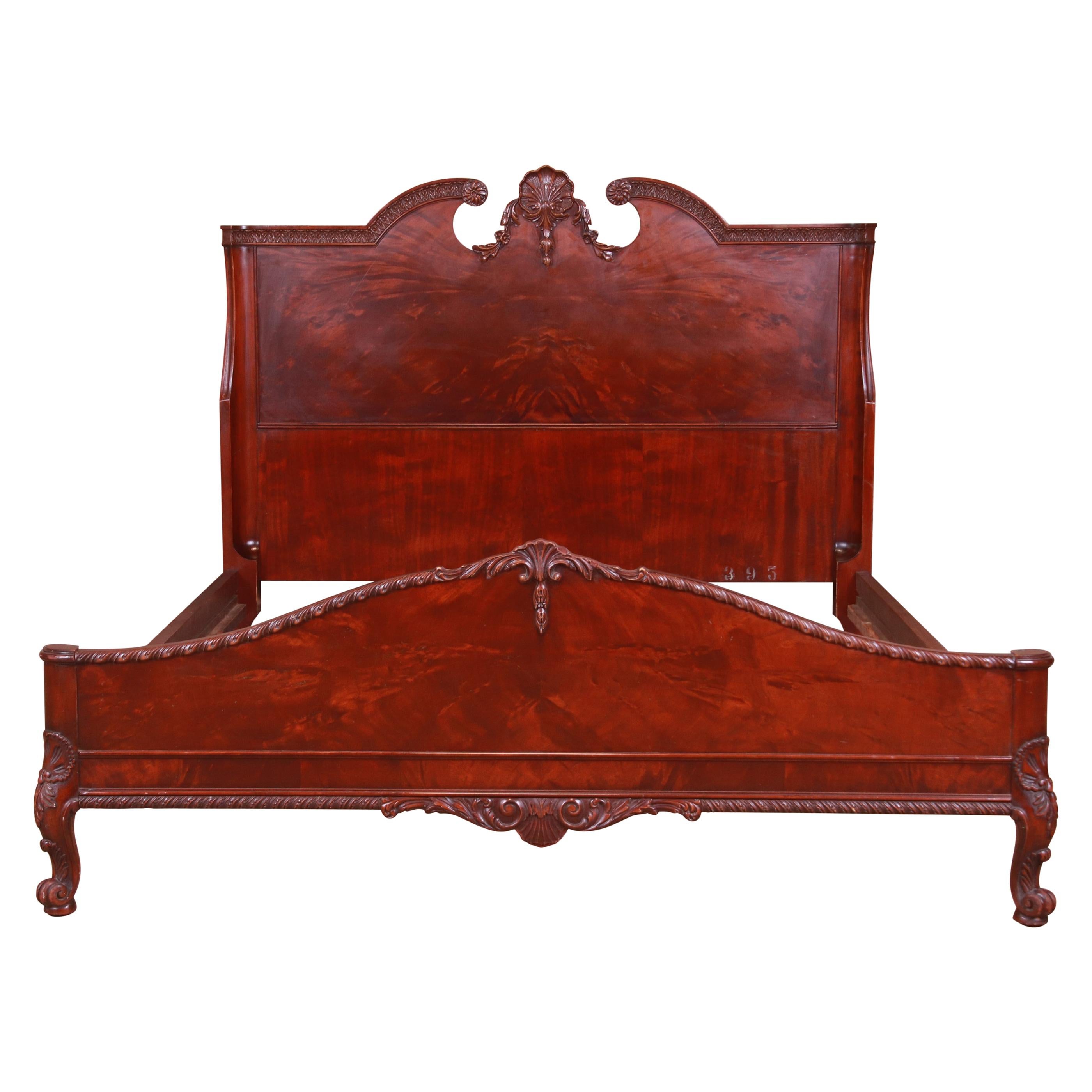Romweber French Provincial Louis XV Burled Mahogany Full Size Bed, Circa 1920s