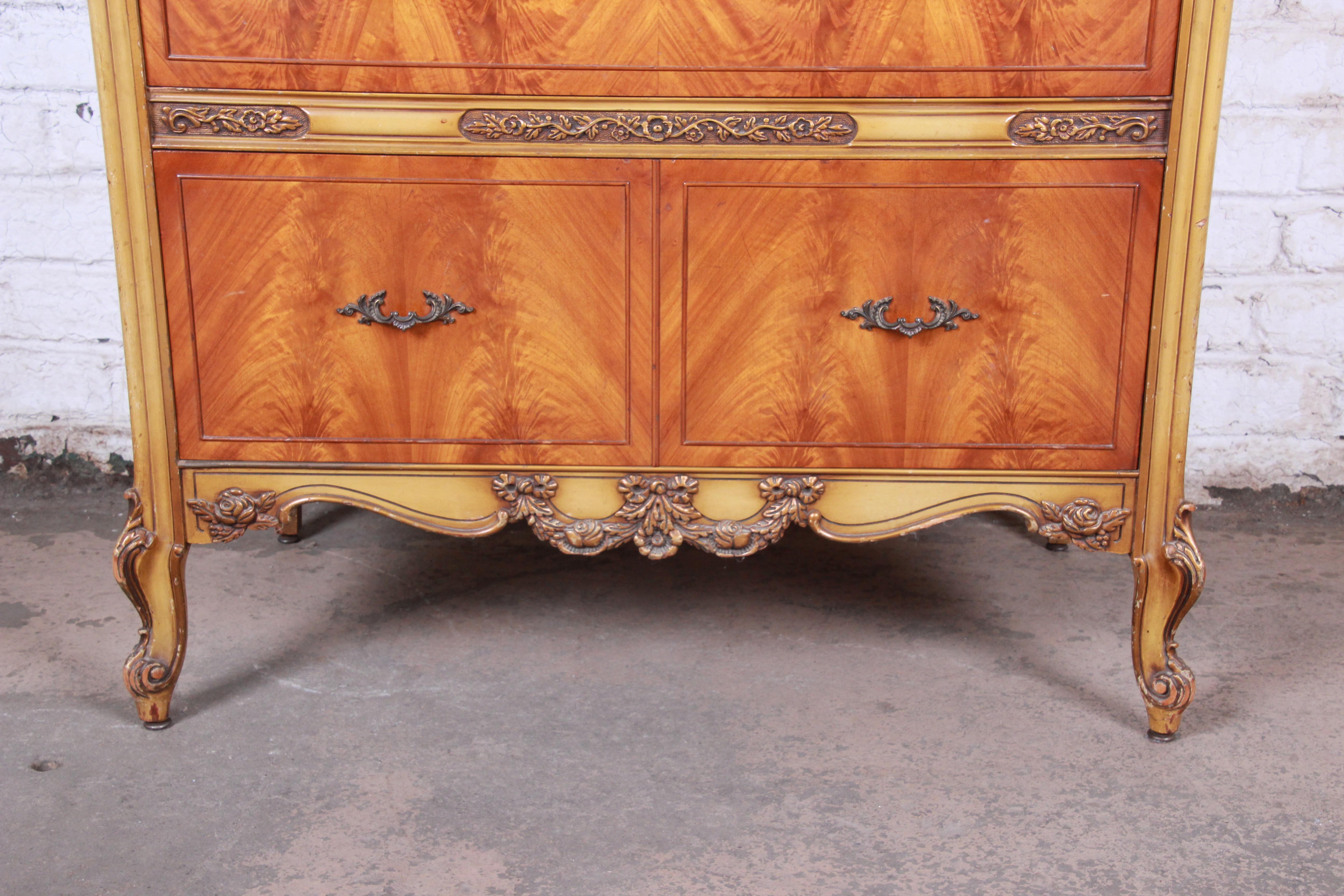 20th Century Romweber French Provincial Louis XV Burled Mahogany Highboy Dresser
