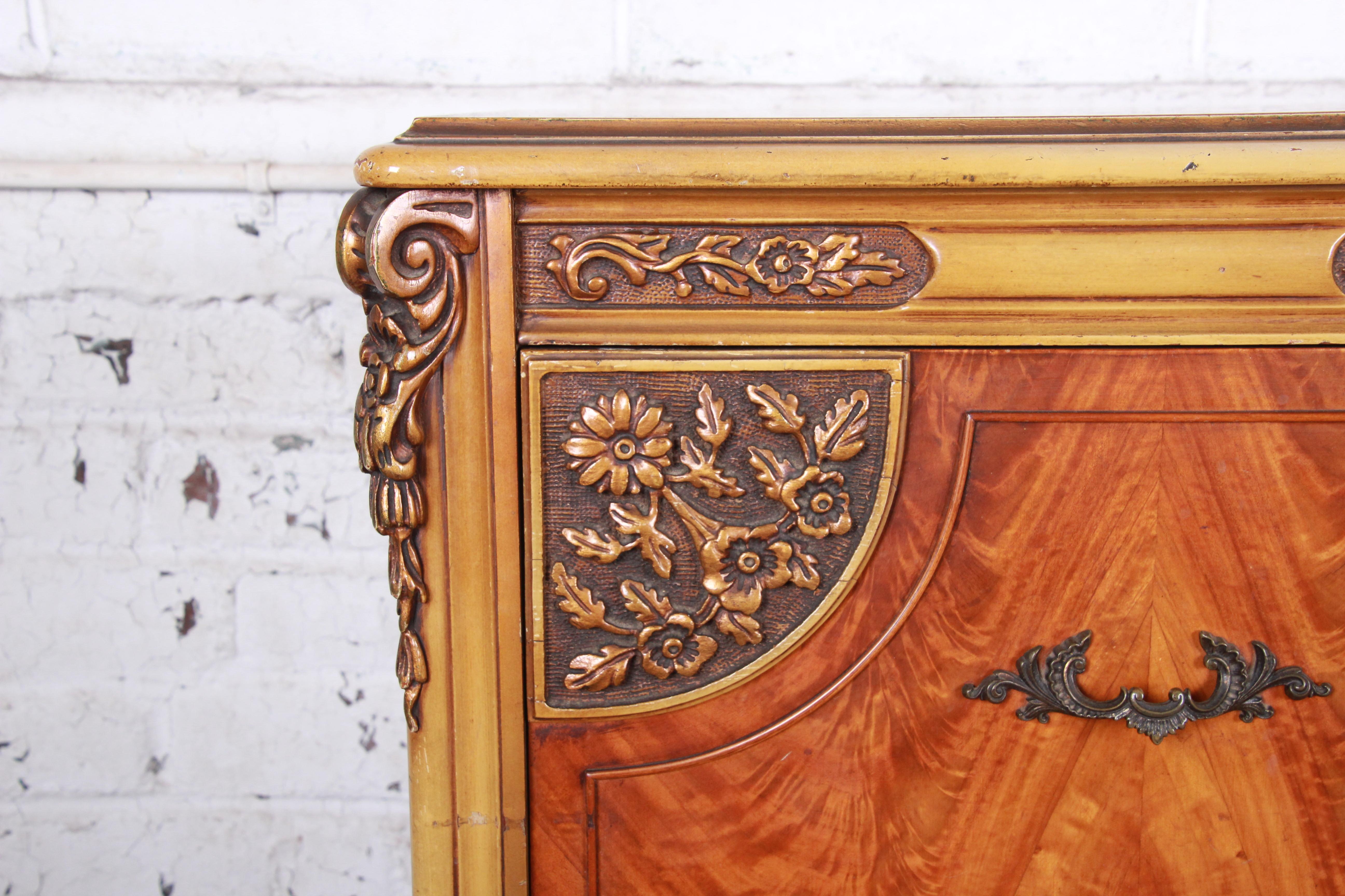 Brass Romweber French Provincial Louis XV Burled Mahogany Highboy Dresser