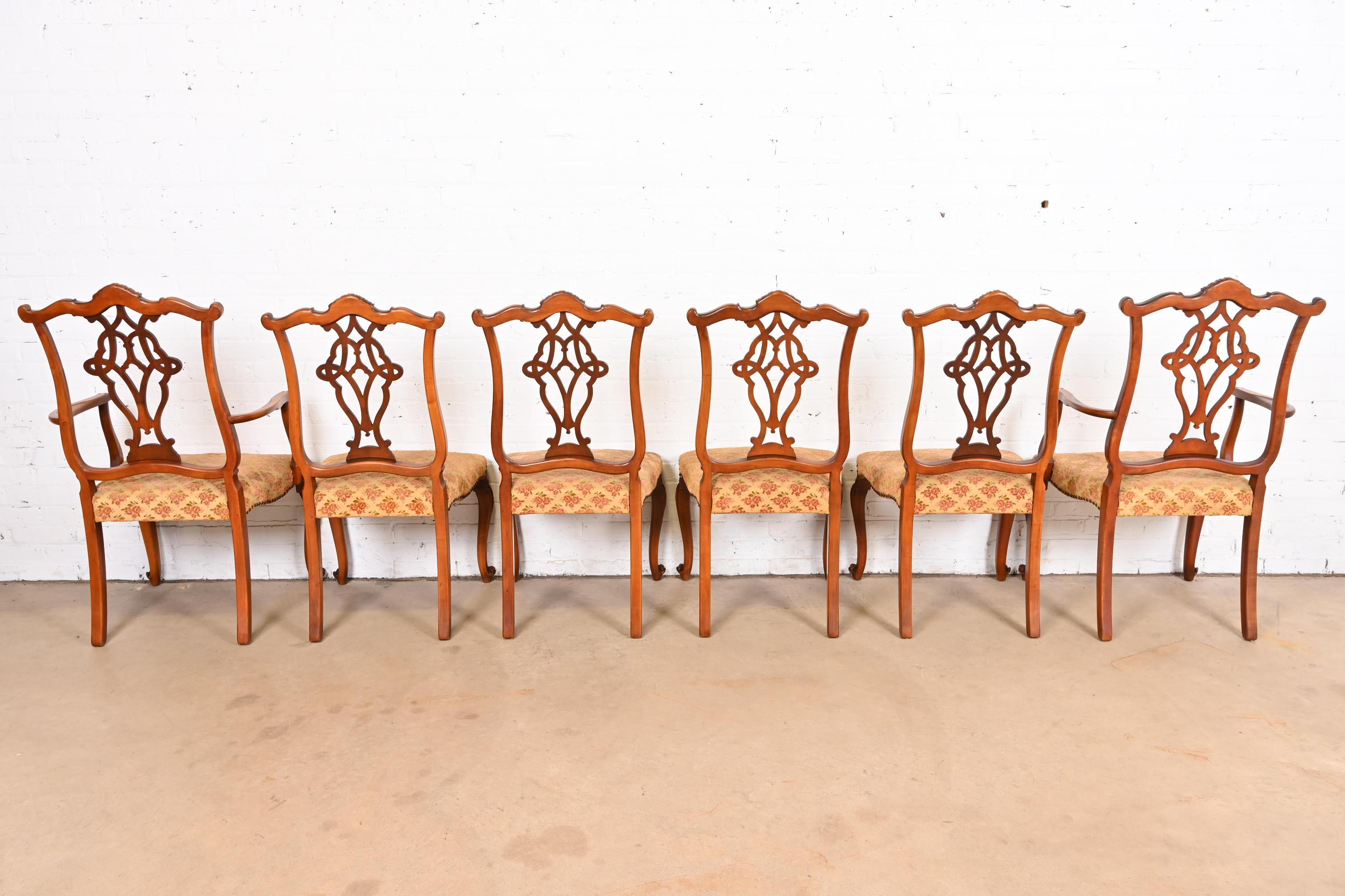 Upholstery Romweber French Provincial Louis XV Carved Burl Wood Dining Chairs, Set of Six For Sale