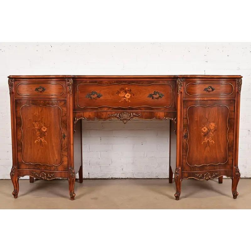 A gorgeous French Provincial Louis XV style sideboard, credenza, or bar cabinet

By Romweber

Retailed by H. Schmidt Mfg. Co. of Chicago

USA, Circa 1920s

Beautiful carved rosewood, with carved cabriole legs, inlaid floral marquetry, and original