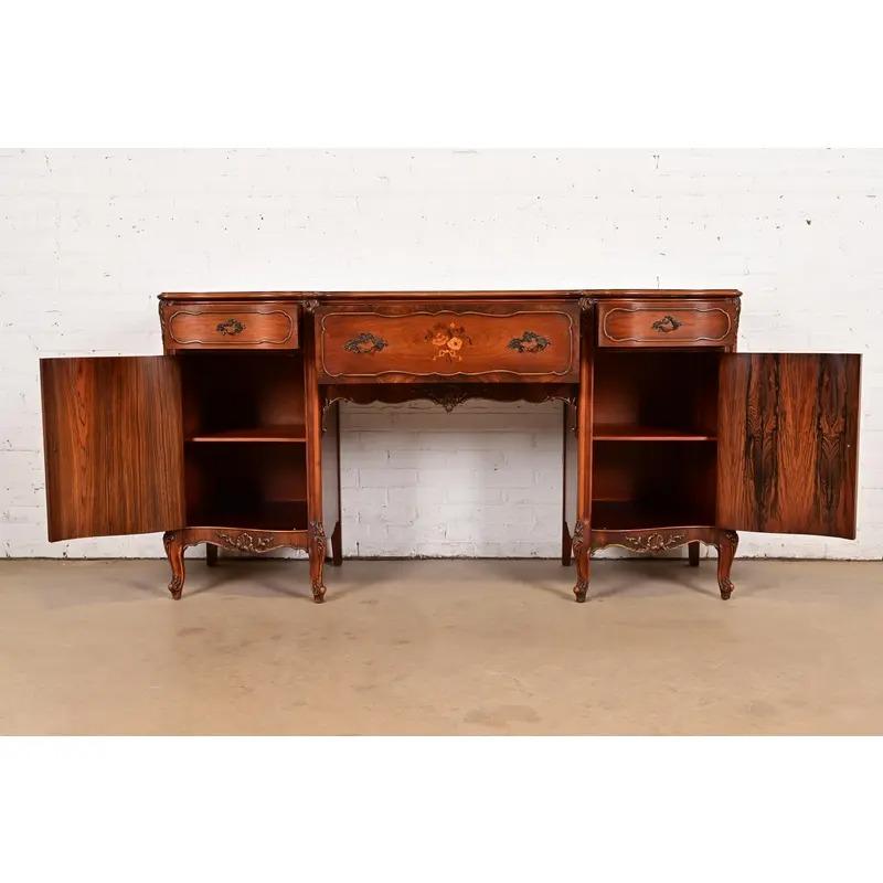 Brass Romweber French Provincial Louis XV Carved Rosewood Sideboard, Circa 1920s For Sale