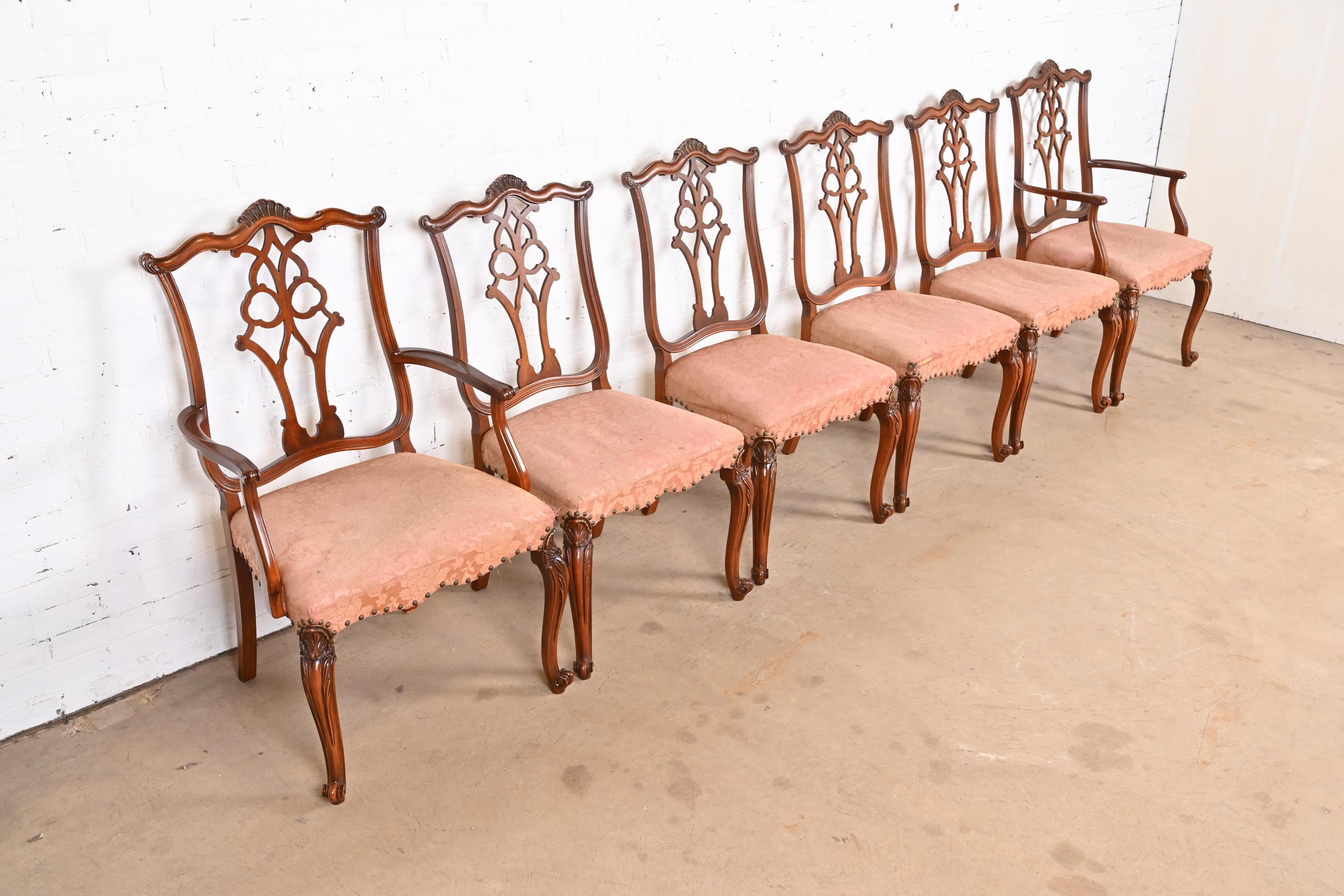 Upholstery Romweber French Provincial Louis XV Carved Walnut Dining Chairs, Circa 1920s