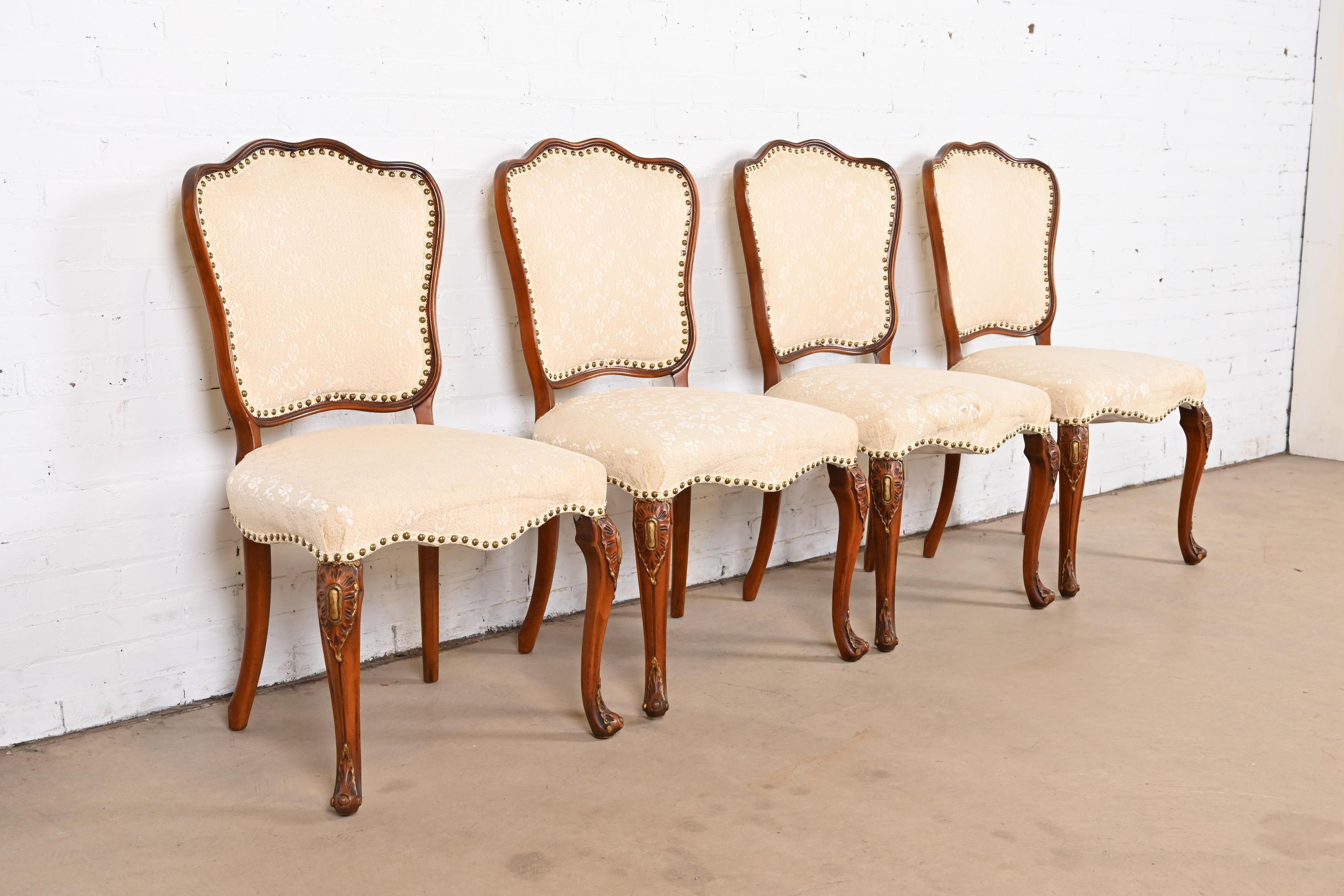 Upholstery Romweber French Provincial Louis XV Carved Walnut Dining Chairs, Set of Four