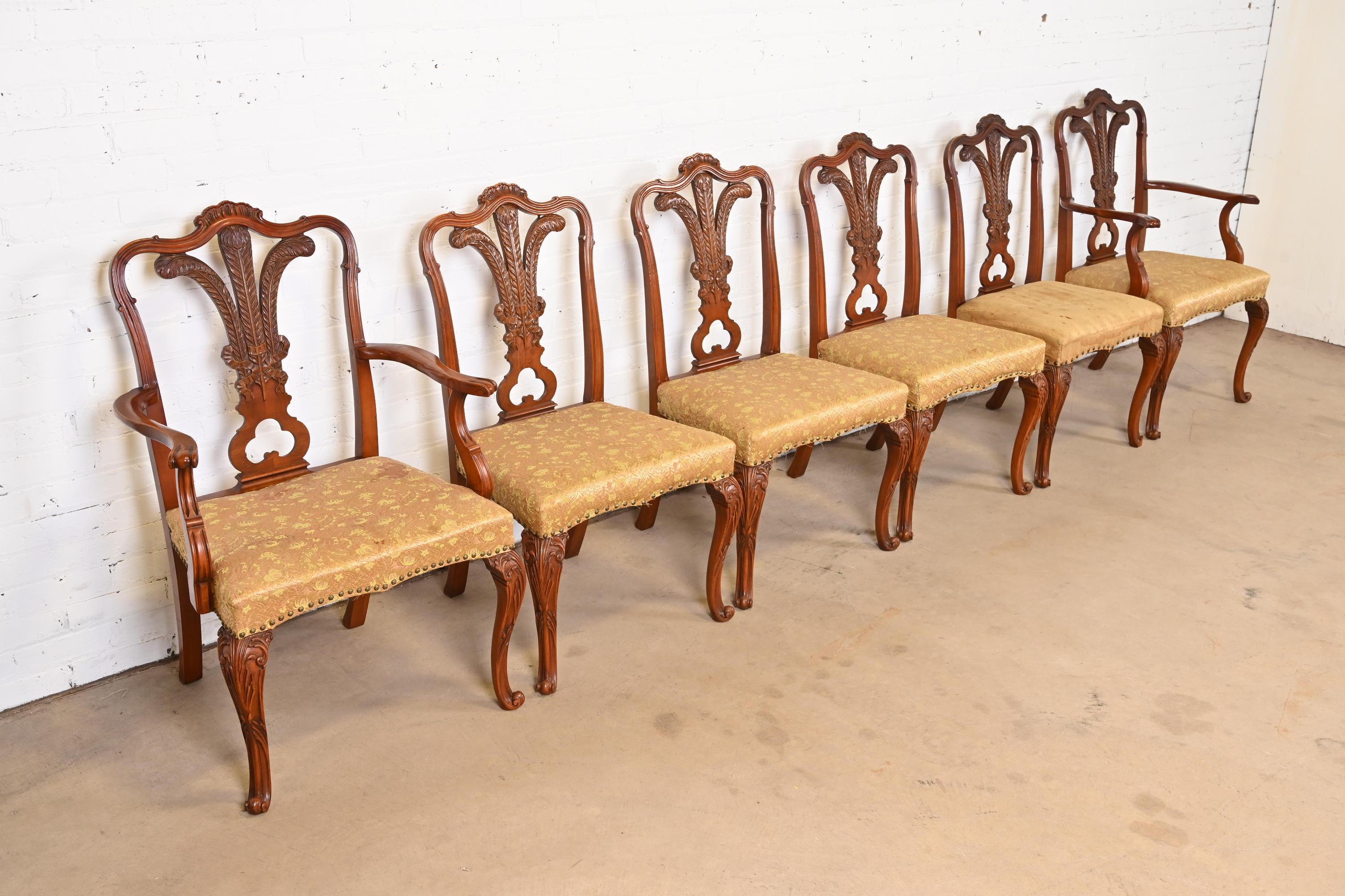 Upholstery Romweber French Provincial Louis XV Carved Walnut Dining Chairs, Set of Six For Sale