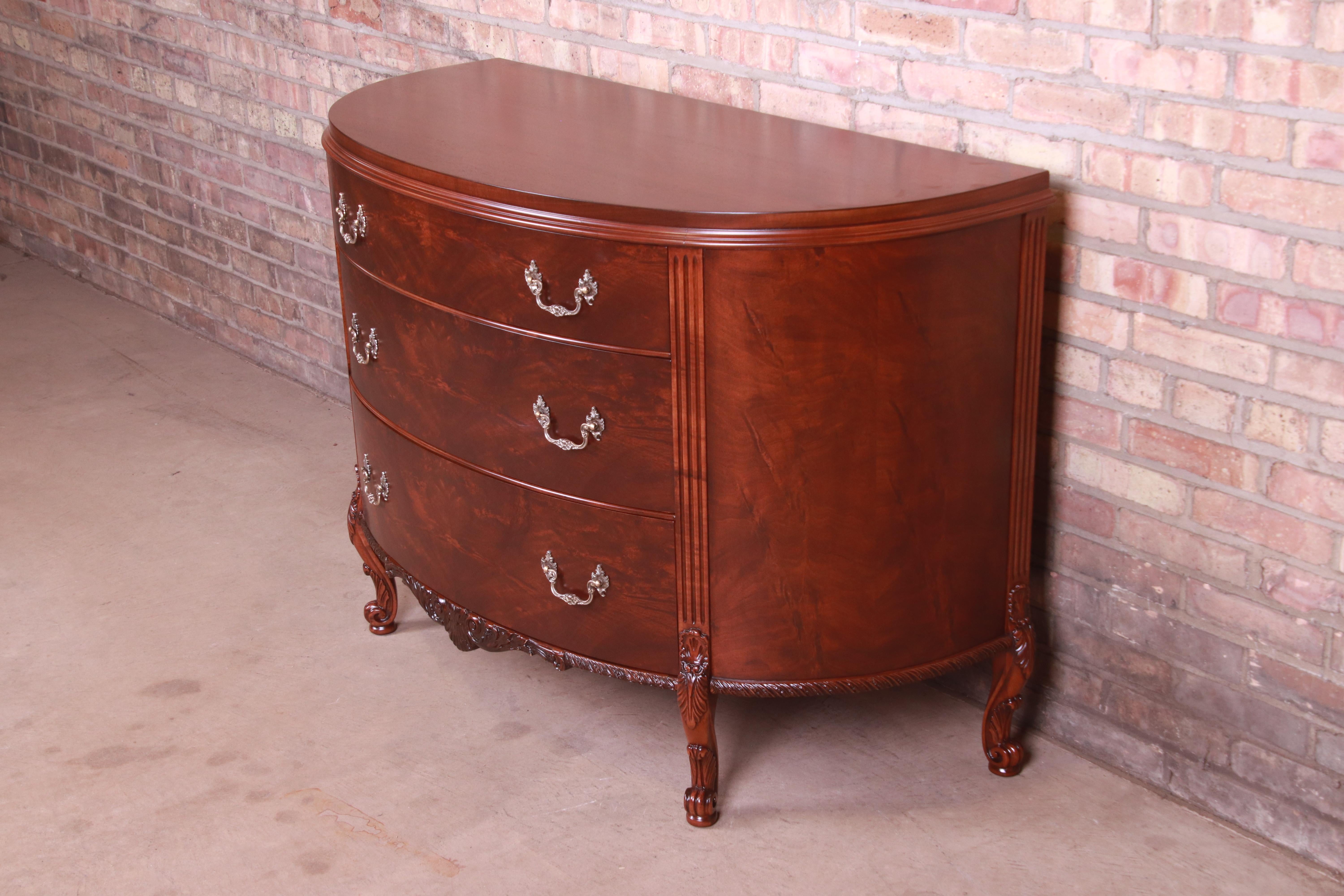 American Romweber French Provincial Louis XV Flame Mahogany Demilune Dresser Chest, 1920s