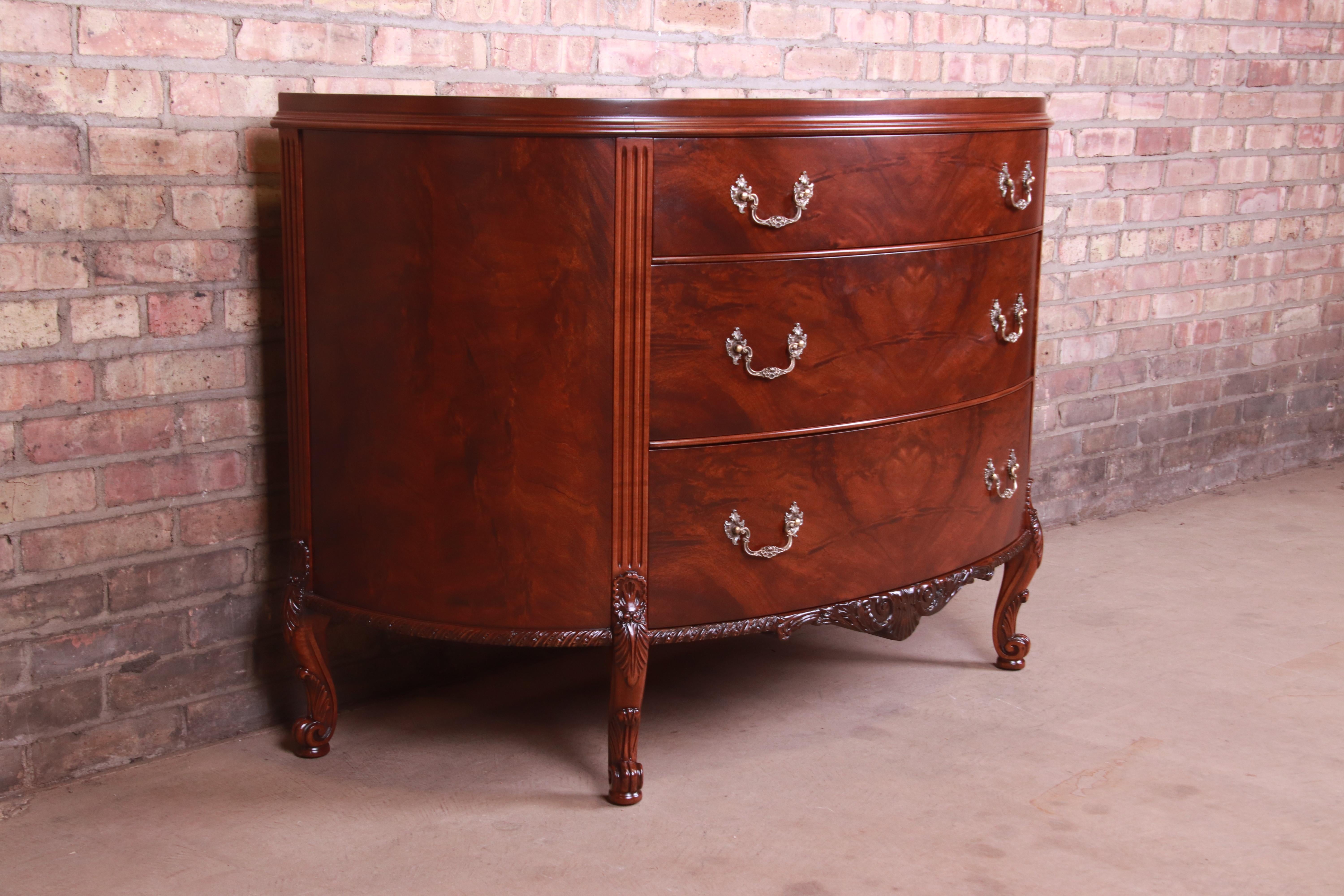 Early 20th Century Romweber French Provincial Louis XV Flame Mahogany Demilune Dresser Chest, 1920s