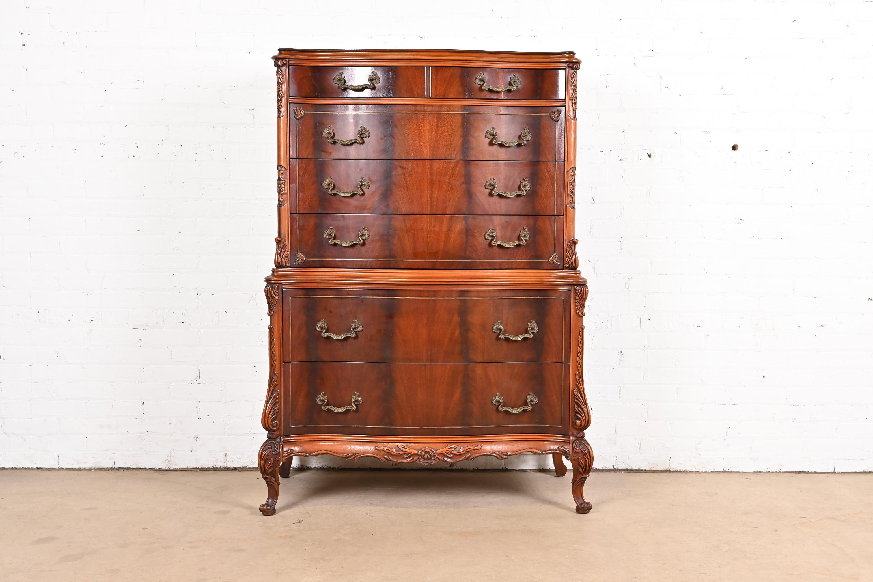American Romweber French Provincial Louis XV Flame Mahogany Highboy Dresser, Circa 1920s